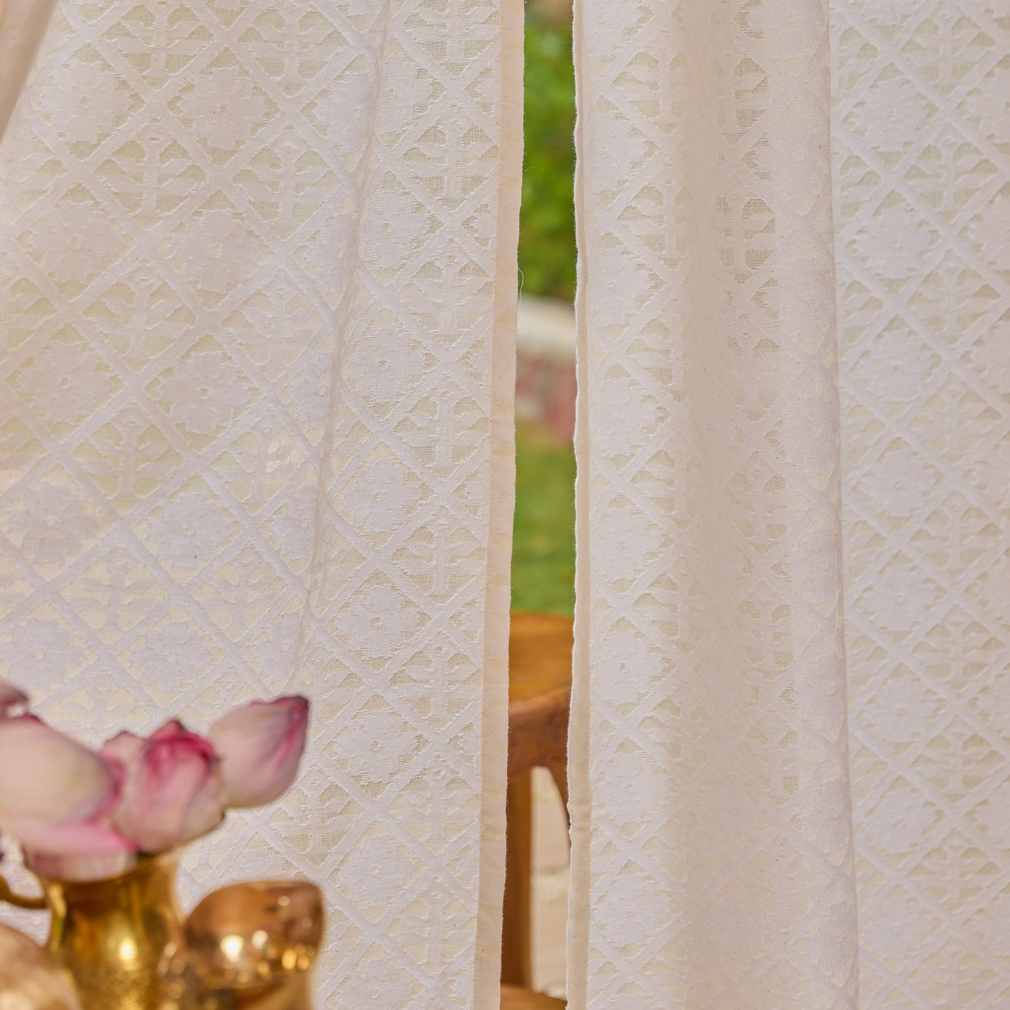 Off-White Mehr Mihrab Floral Cutwork Cotton Banaras Curtain-Curtains-House of Ekam