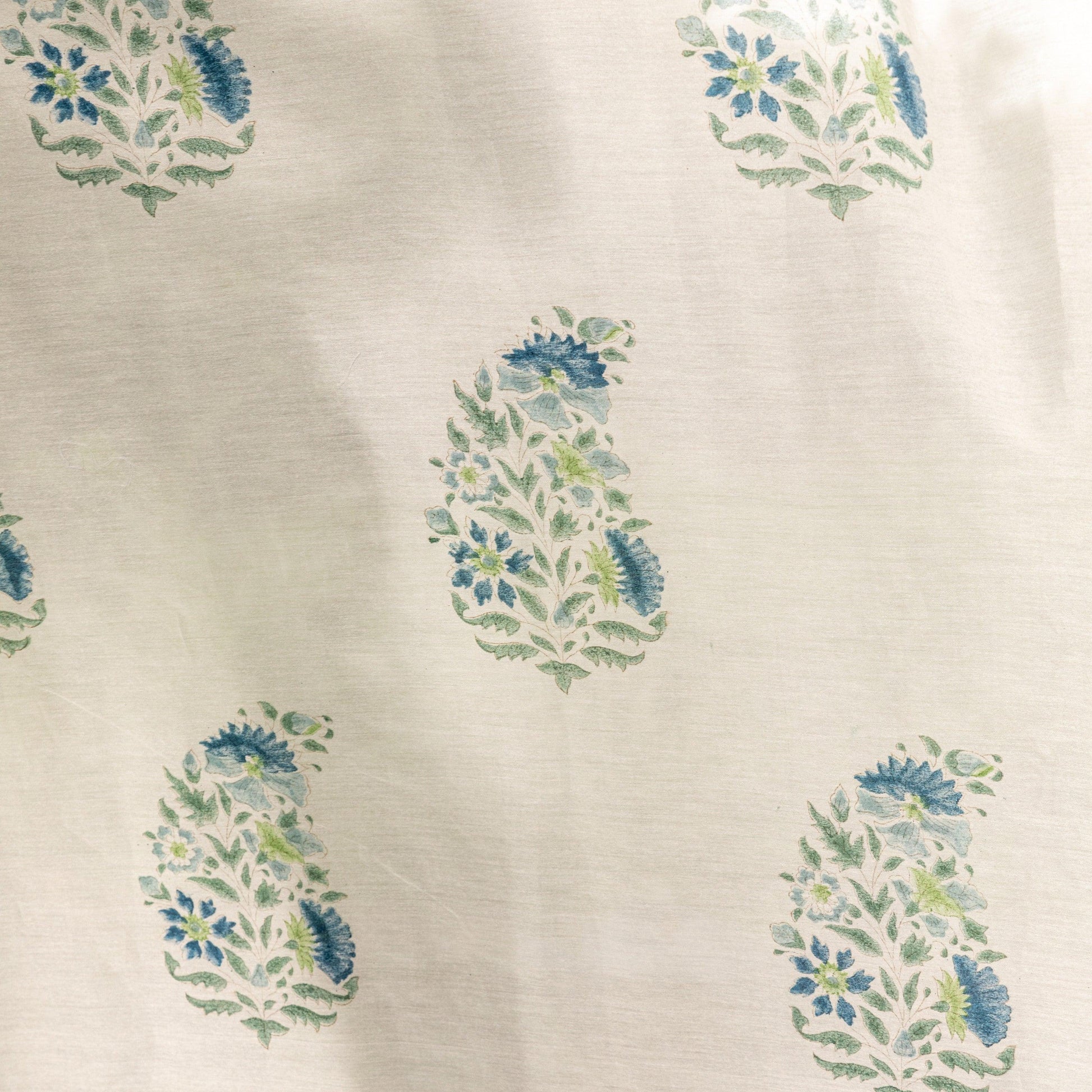 Blue & Green Ambi Blockprint Maheshwari Silk Curtain-Curtains-House of Ekam