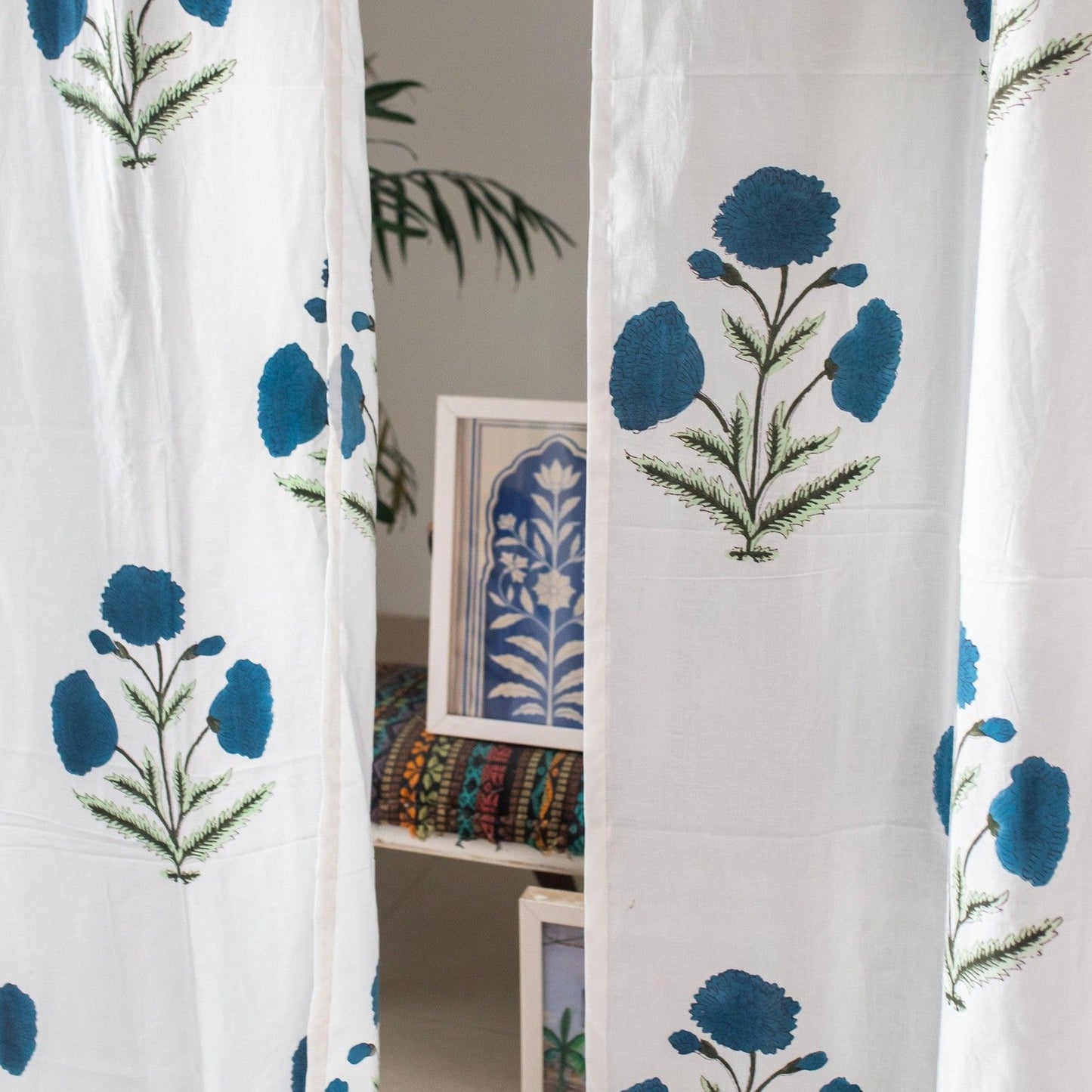 Blue Poppy Cotton Sheer Curtain-Curtains-House of Ekam