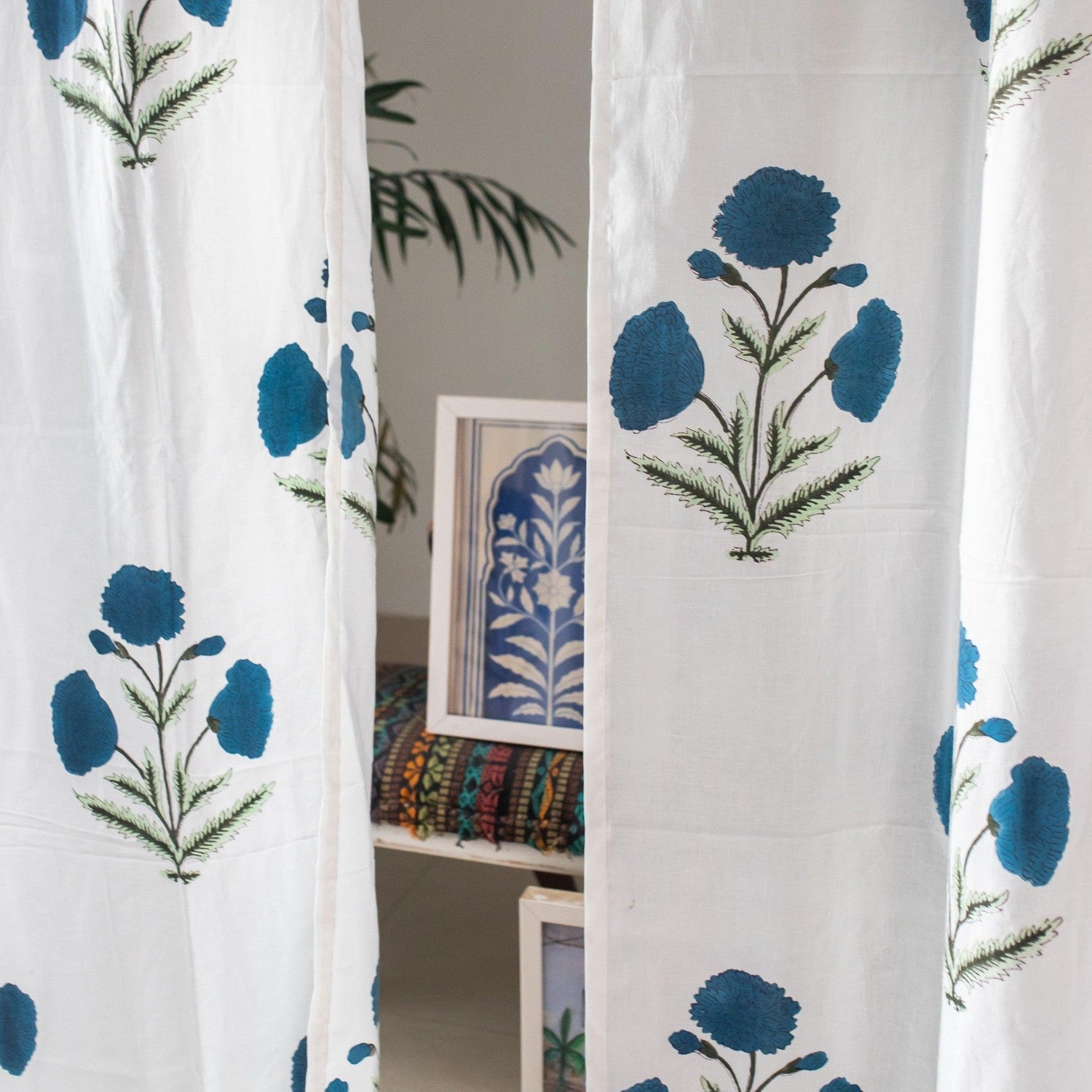 Blue Poppy Cotton Sheer Curtain-Curtains-House of Ekam