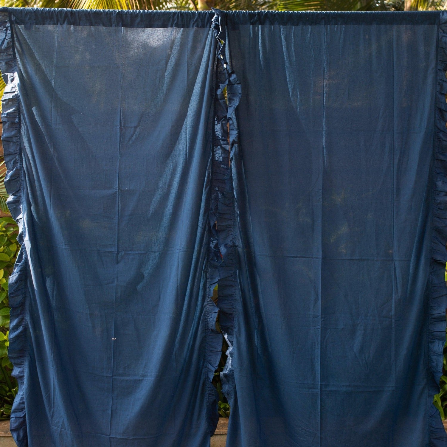 Blue Solid Ruffle Sheer Curtain-Curtains-House of Ekam