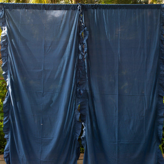 Blue Solid Ruffle Sheer Curtain-Curtains-House of Ekam