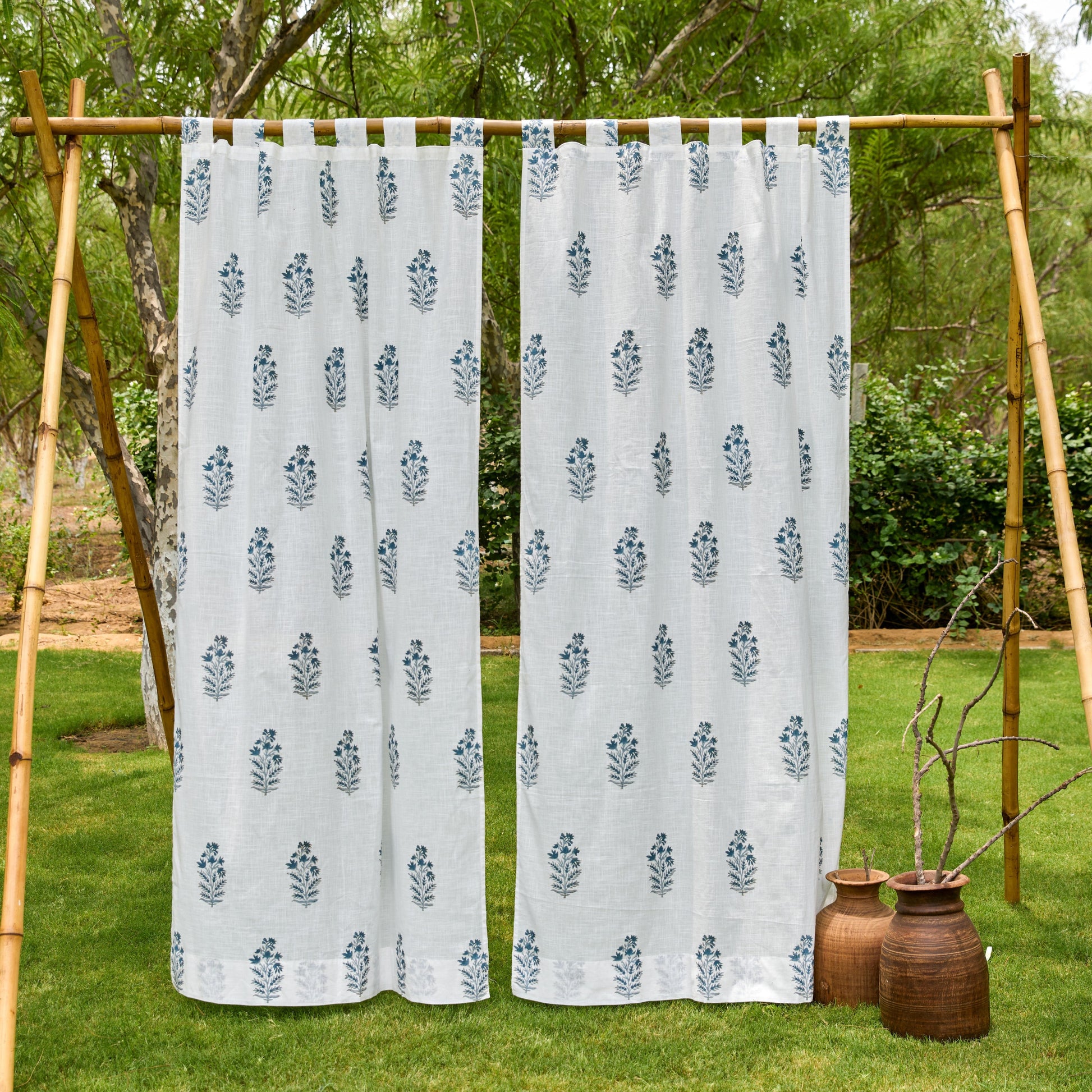 Blue Viola Blockprint Cotton Slub Curtain-Curtains-House of Ekam
