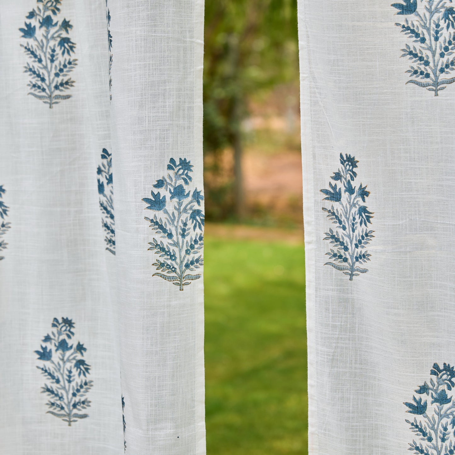 Blue Viola Blockprint Cotton Slub Curtain-Curtains-House of Ekam