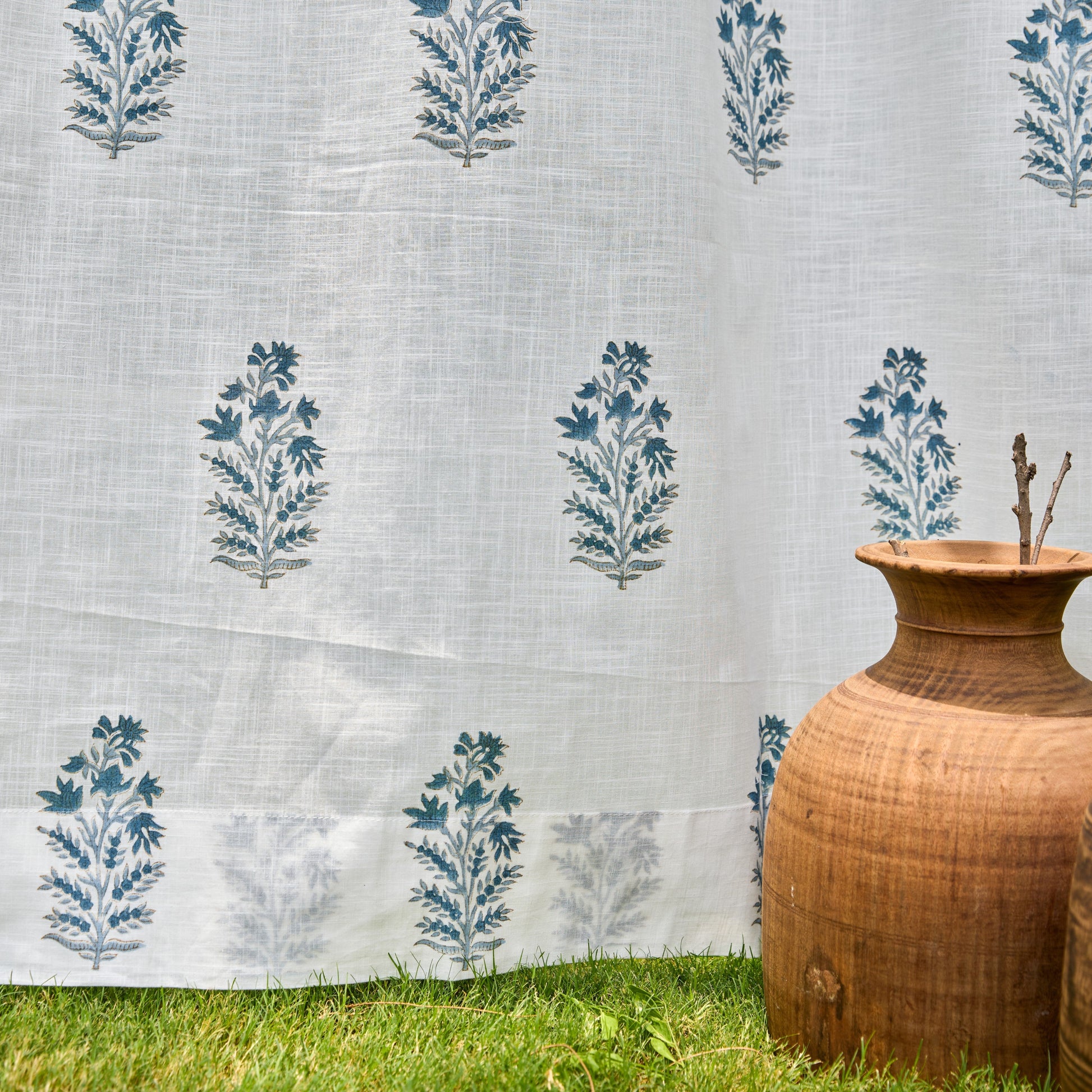 Blue Viola Blockprint Cotton Slub Curtain-Curtains-House of Ekam