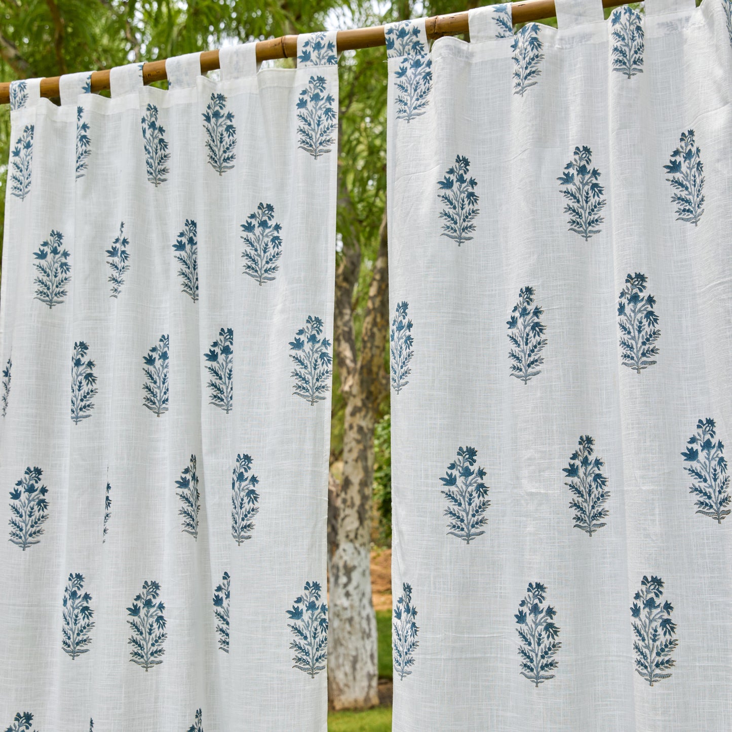 Blue Viola Blockprint Cotton Slub Curtain-Curtains-House of Ekam
