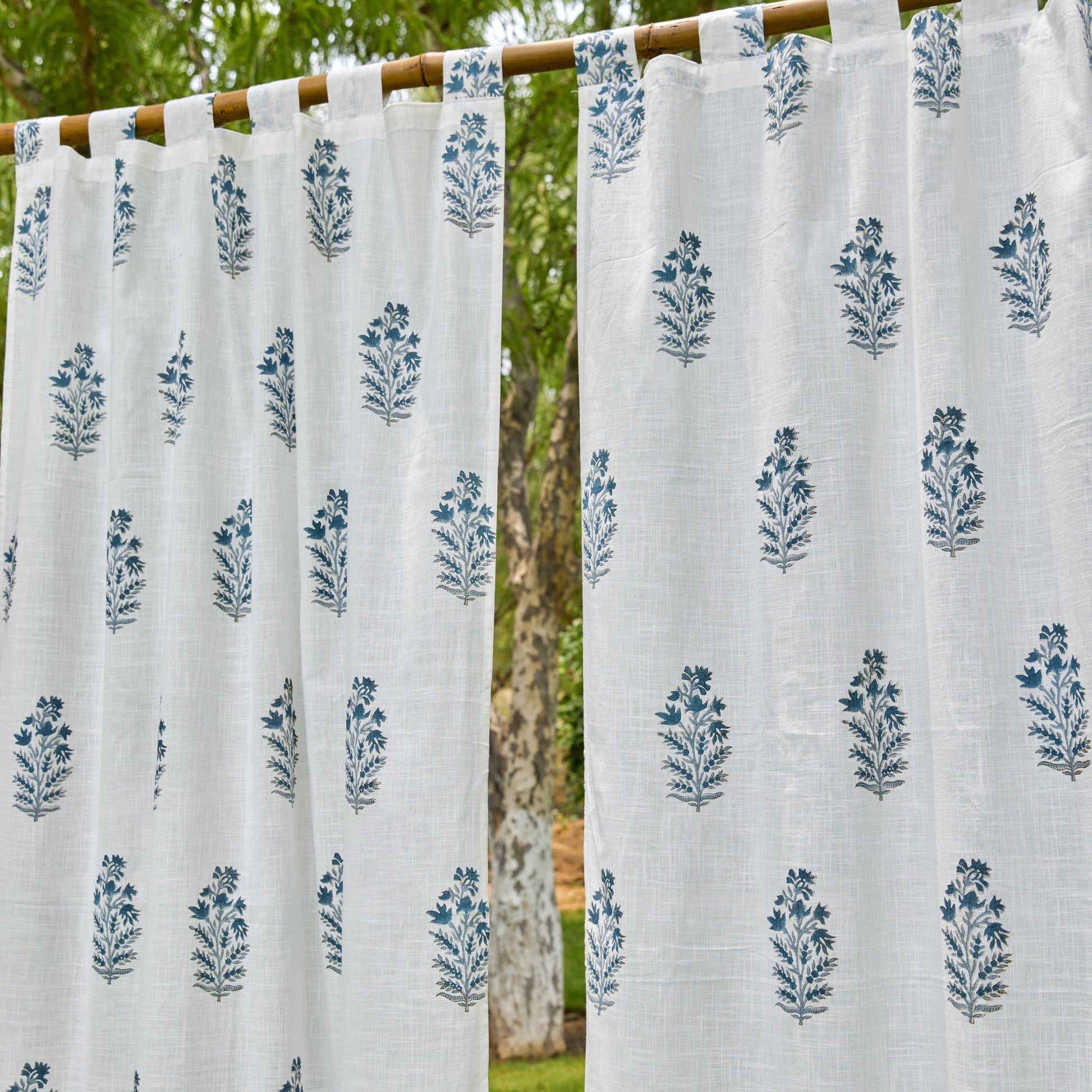 Blue Viola Blockprint Cotton Slub Curtain-Curtains-House of Ekam