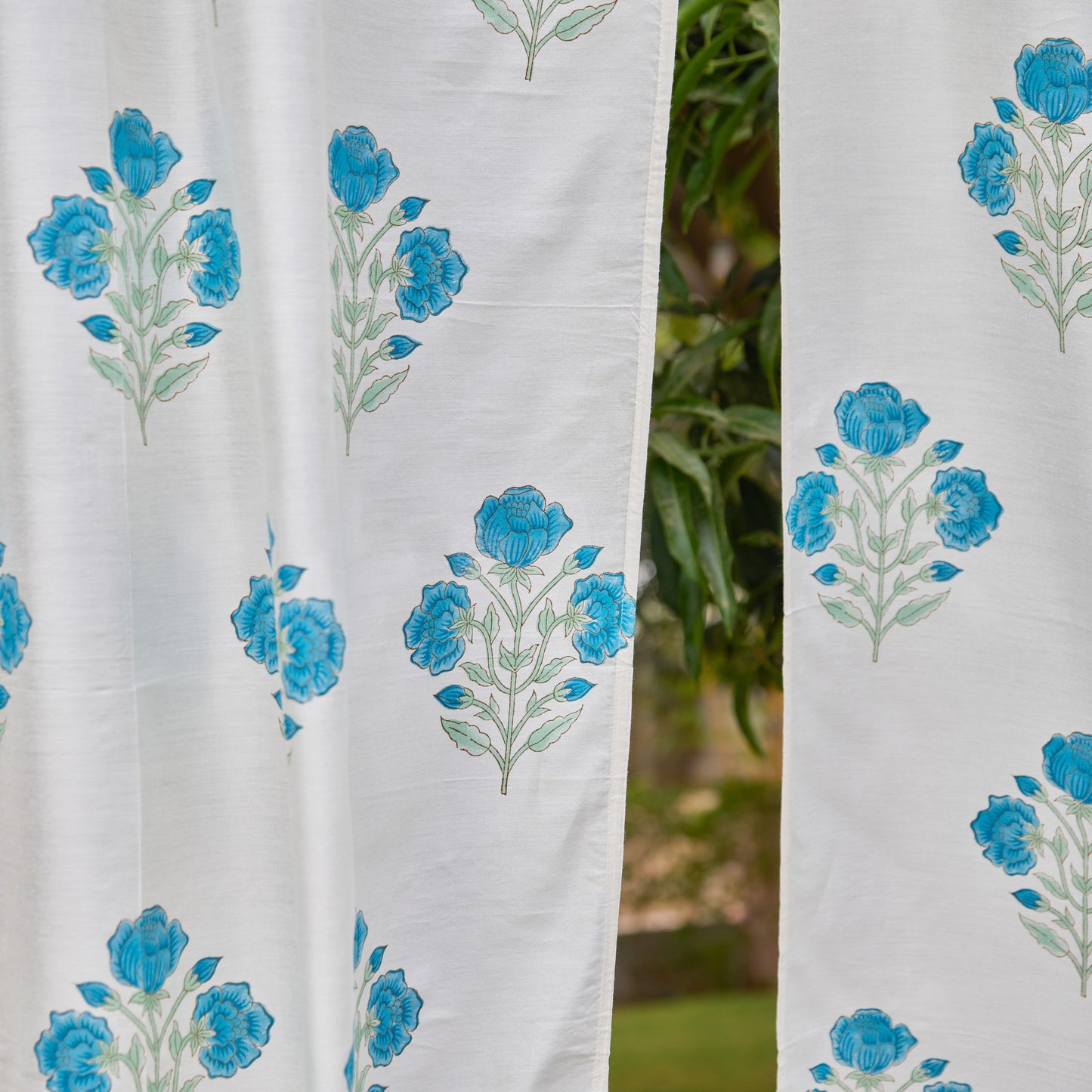 Blue and Green Rose Blockprint Chanderi Silk Curtain-Curtains-House of Ekam