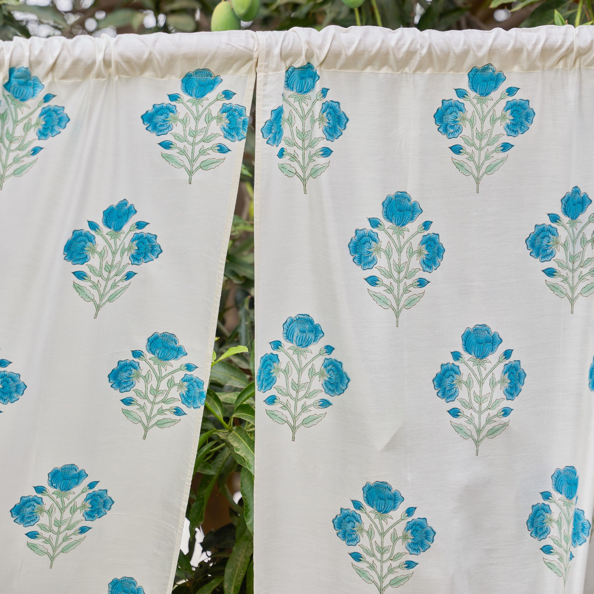 Blue and Green Rose Blockprint Chanderi Silk Curtain-Curtains-House of Ekam