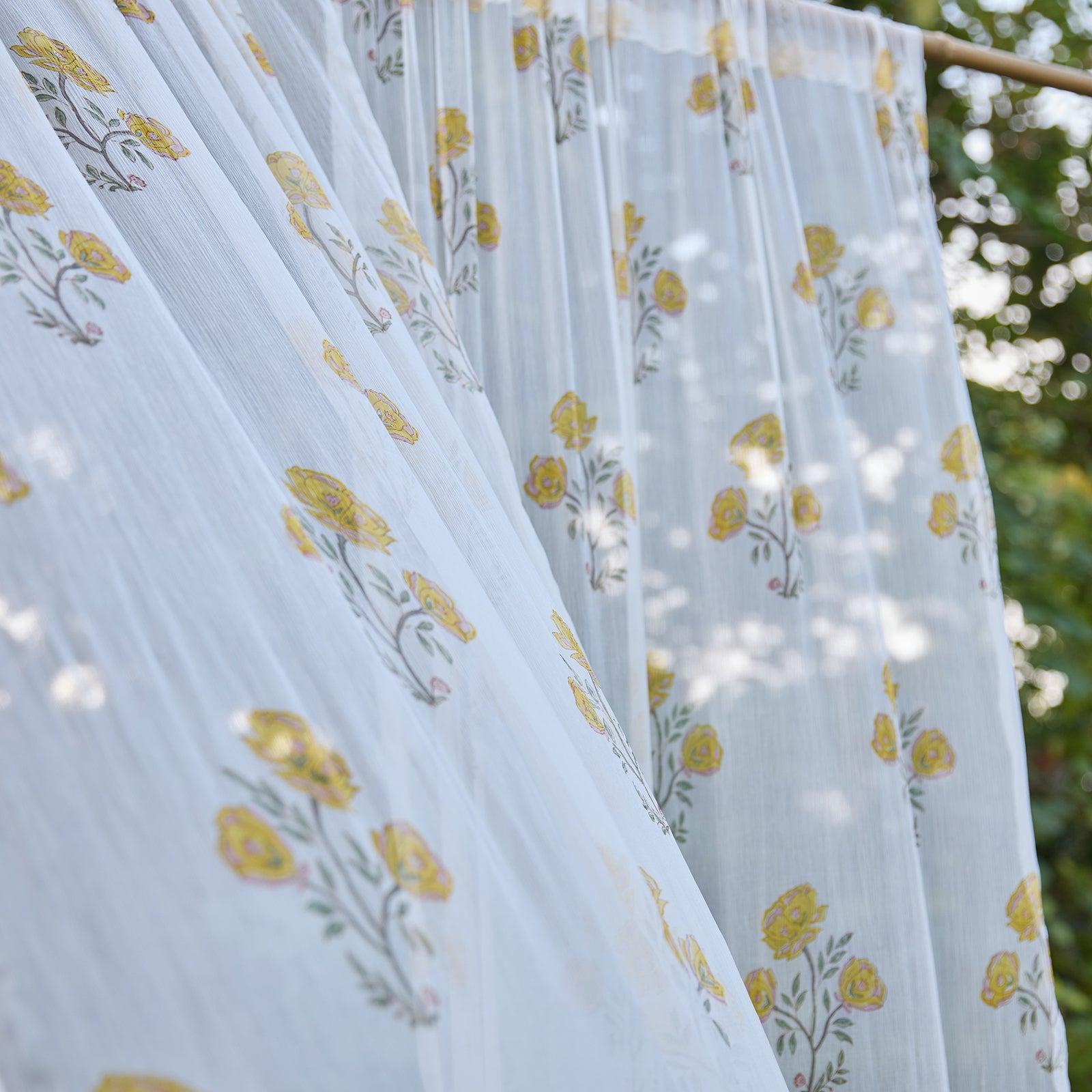 Chiffon Amaryllis Yellow Hand Blockprinted Sheer Curtain-Curtains-House of Ekam