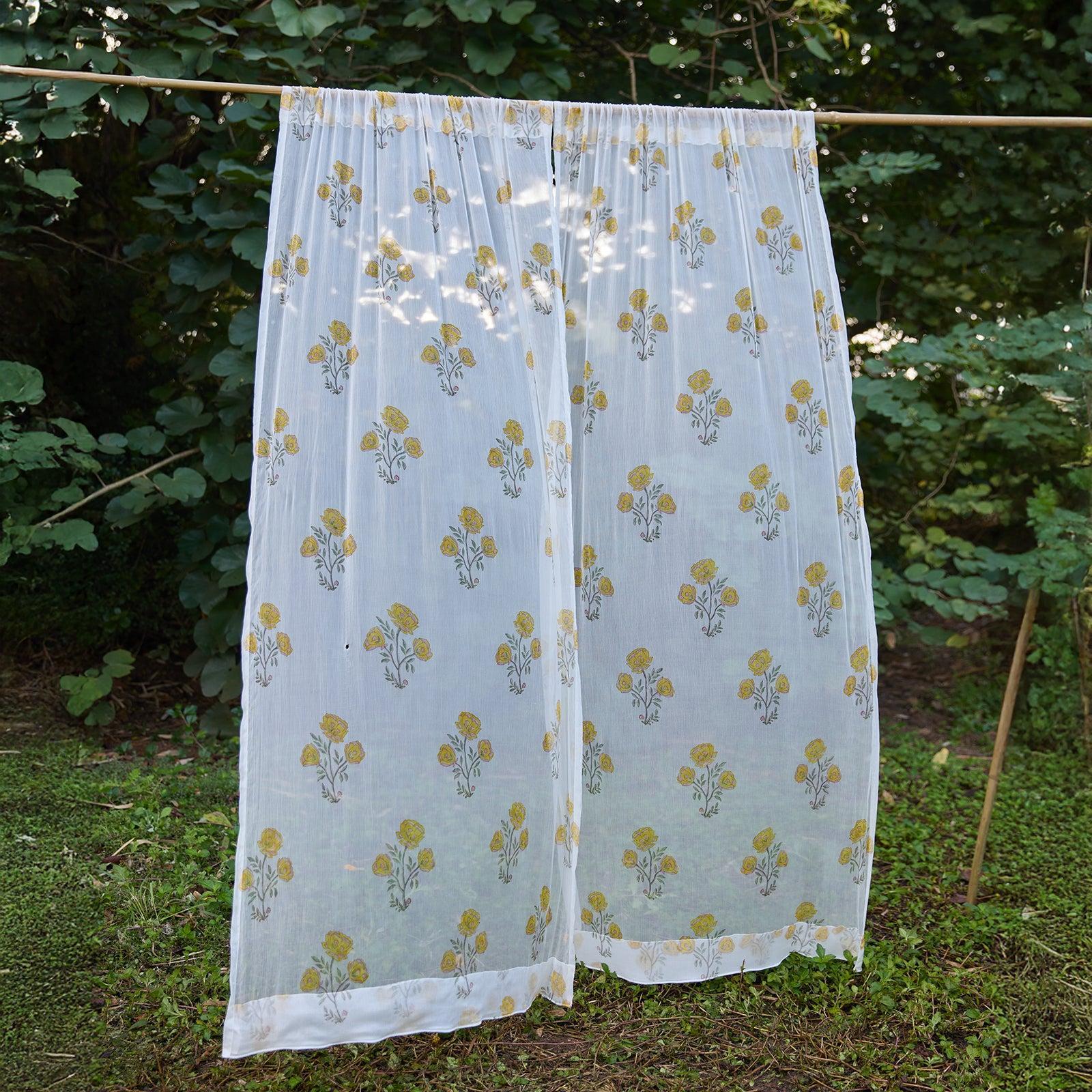 Chiffon Amaryllis Yellow Hand Blockprinted Sheer Curtain-Curtains-House of Ekam