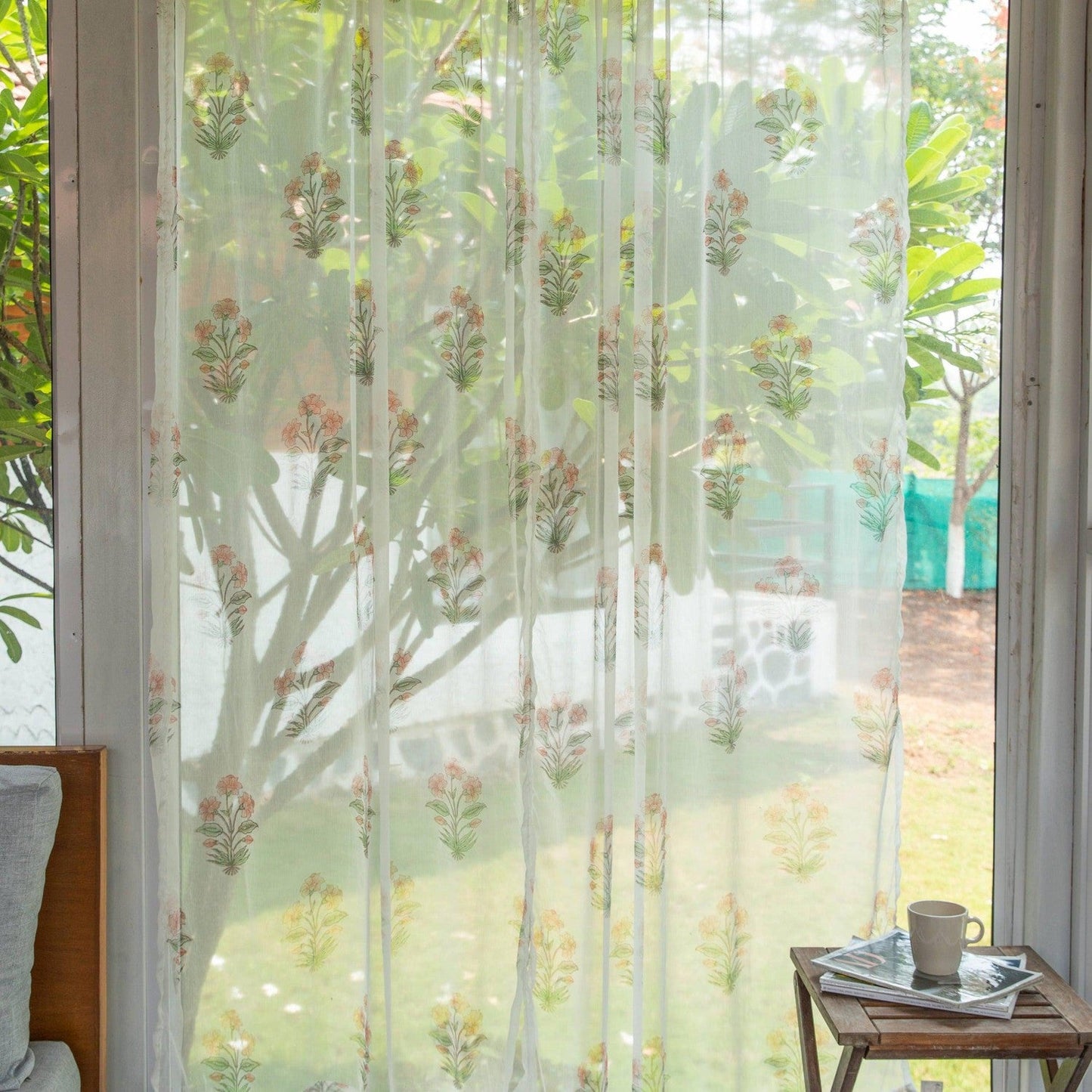 Chiffon Iris Hand Blockprinted Sheer Curtain-Curtains-House of Ekam