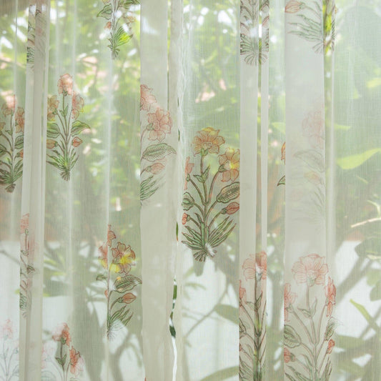 Chiffon Iris Hand Blockprinted Sheer Curtain-Curtains-House of Ekam