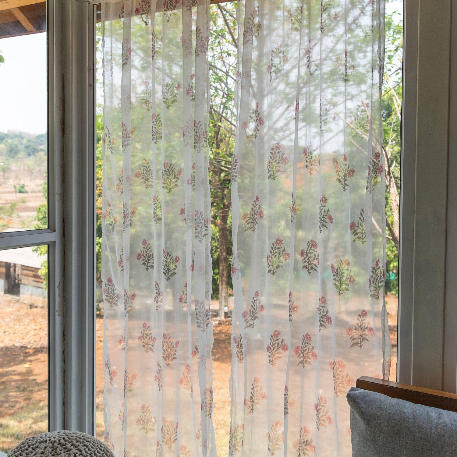 Chiffon Zinnia Hand Blockprinted Sheer Curtain-Curtains-House of Ekam