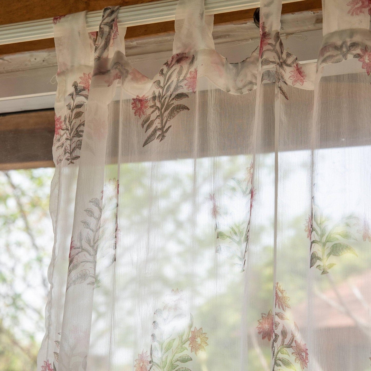 Chiffon Zinnia Hand Blockprinted Sheer Curtain-Curtains-House of Ekam
