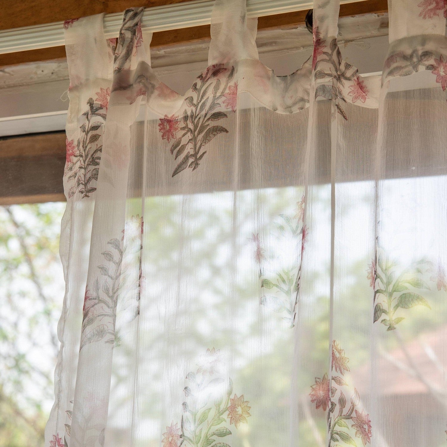 Chiffon Zinnia Hand Blockprinted Sheer Curtain-Curtains-House of Ekam