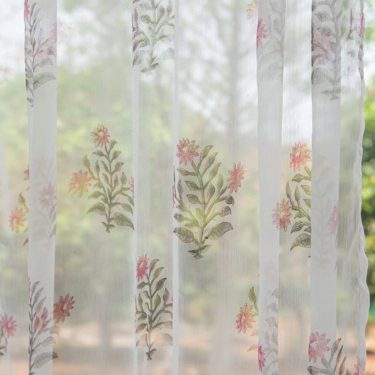 Chiffon Zinnia Hand Blockprinted Sheer Curtain-Curtains-House of Ekam