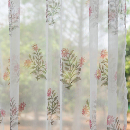 Chiffon Zinnia Hand Blockprinted Sheer Curtain-Curtains-House of Ekam