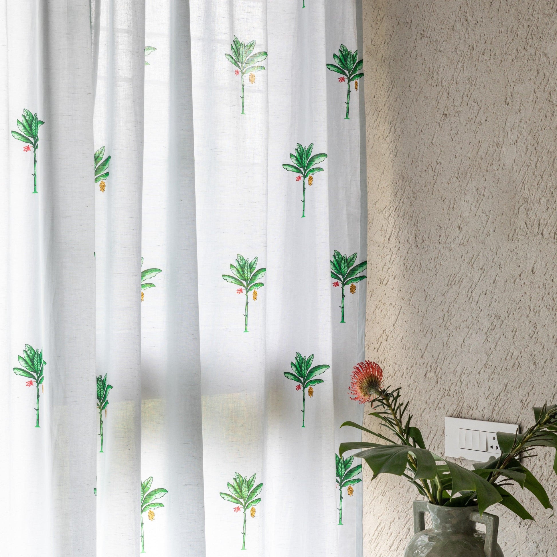 Green Palm Tropicasa Cotton Curtain-Curtains-House of Ekam