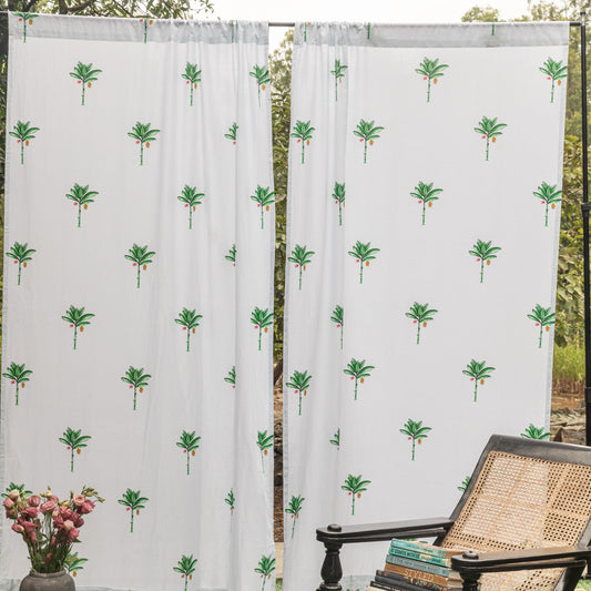Green Palm Tropicasa Cotton Curtain-Curtains-House of Ekam