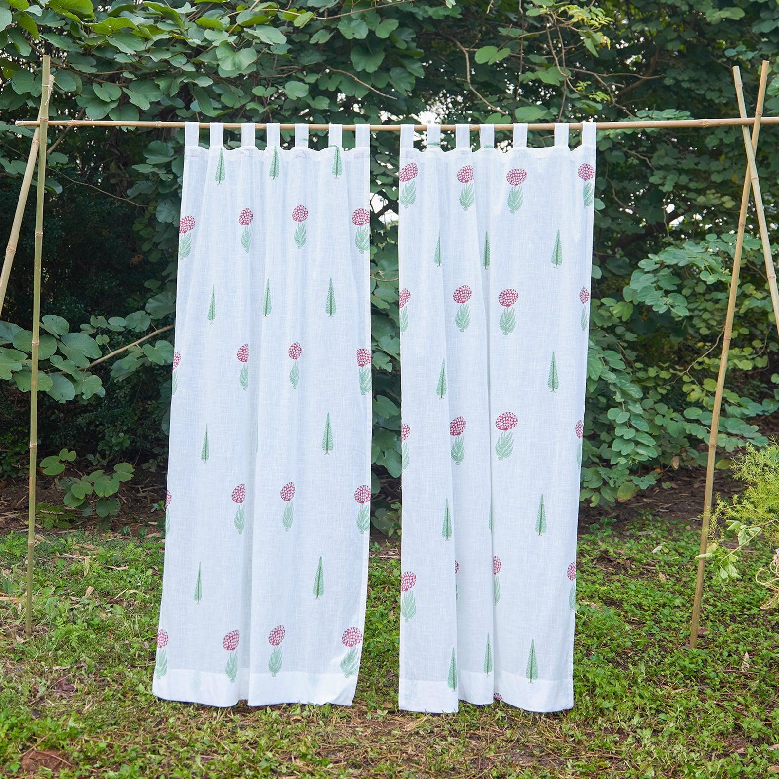 Green & Red Gul Blockprint Cotton Slub Curtain-Curtains-House of Ekam