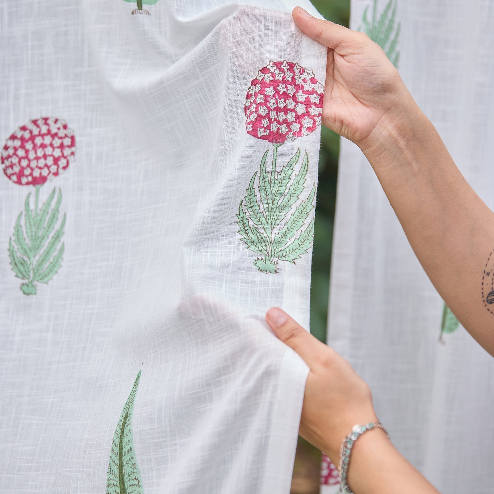 Green & Red Gul Blockprint Cotton Slub Curtain-Curtains-House of Ekam