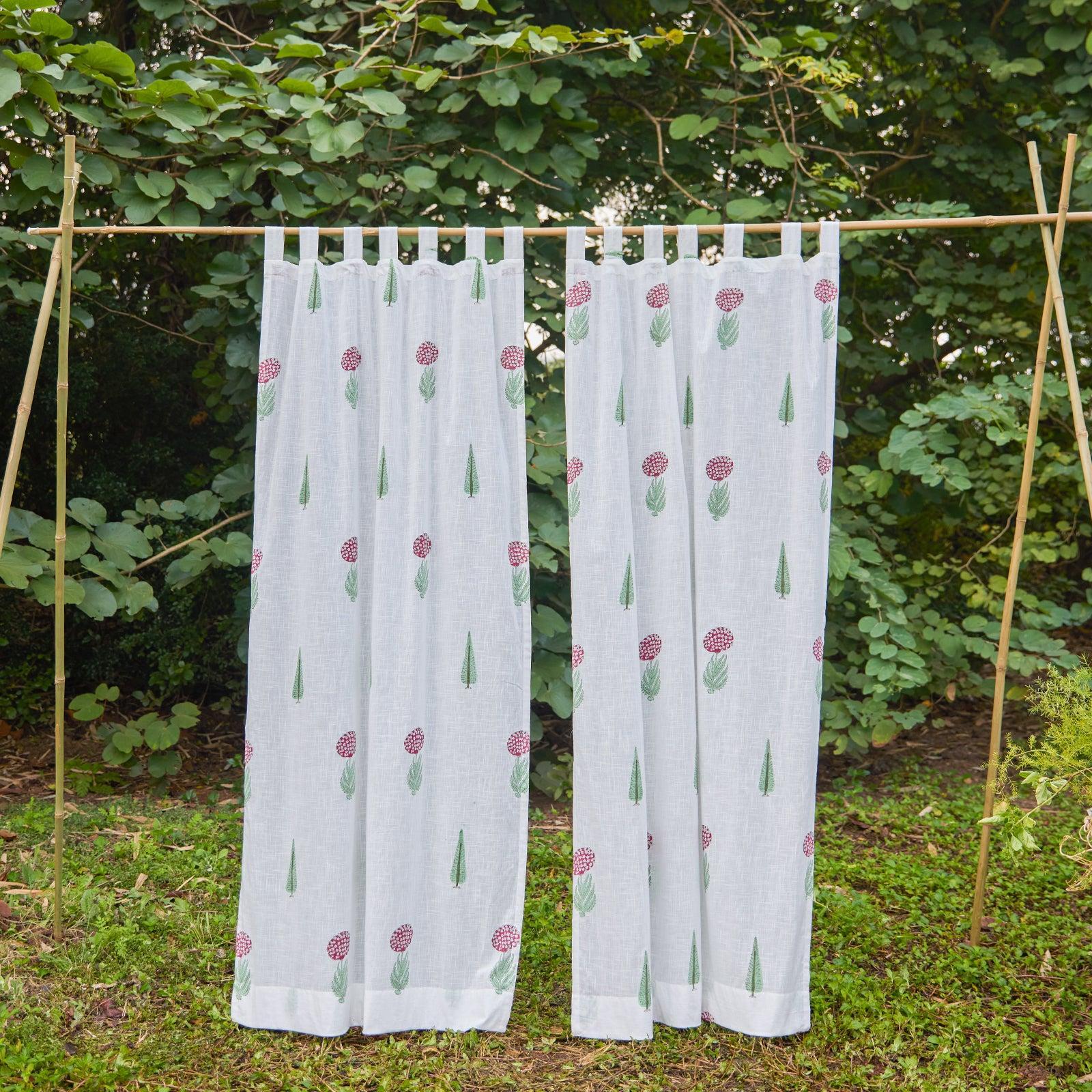 Green & Red Gul Blockprint Cotton Slub Curtain-Curtains-House of Ekam