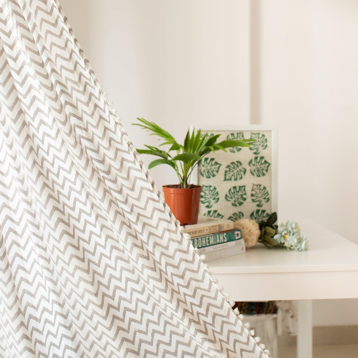 Grey Chevron Blockprint Sheer Curtain-Curtains-House of Ekam