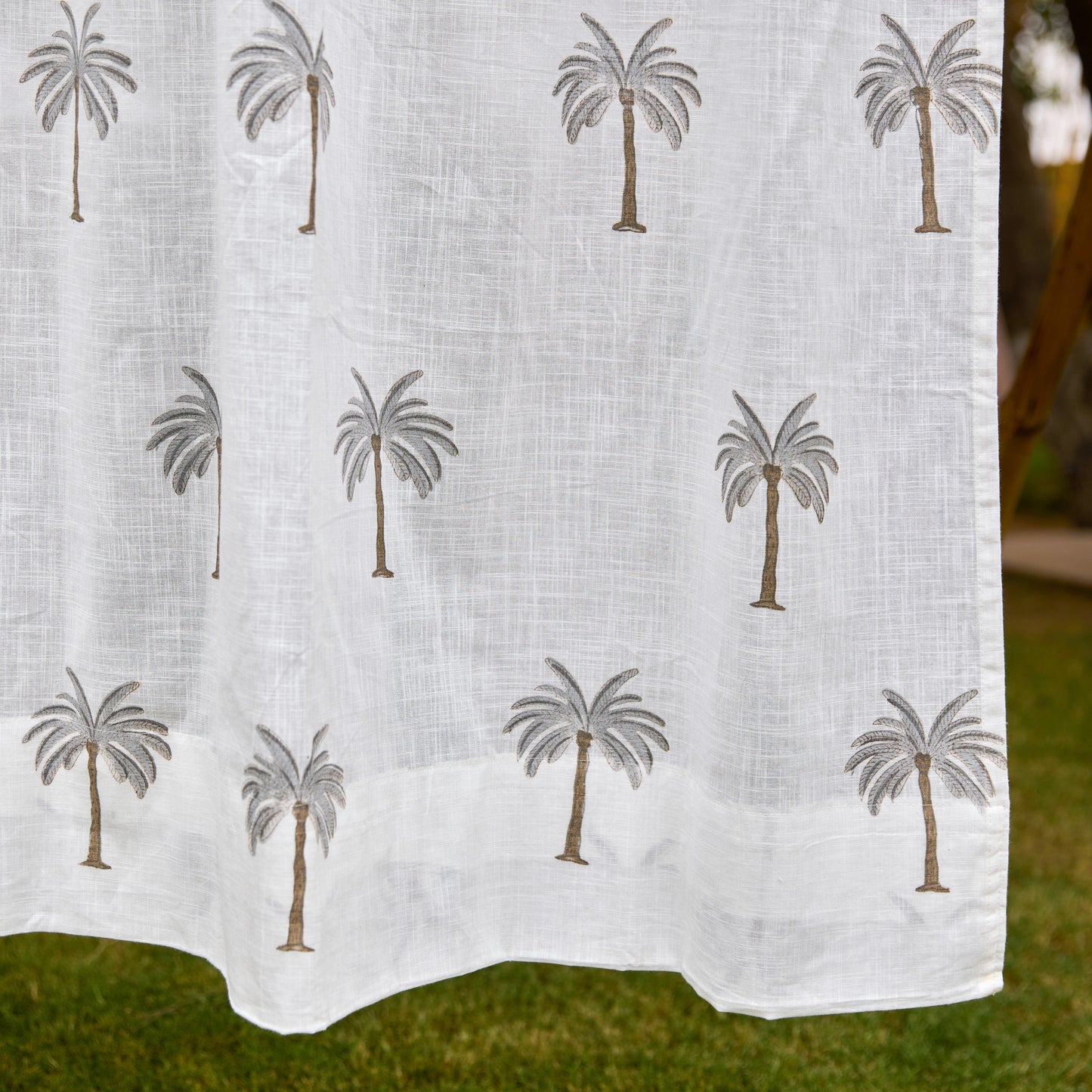 Grey Palm Blockprint Cotton Slub Curtain-Curtains-House of Ekam