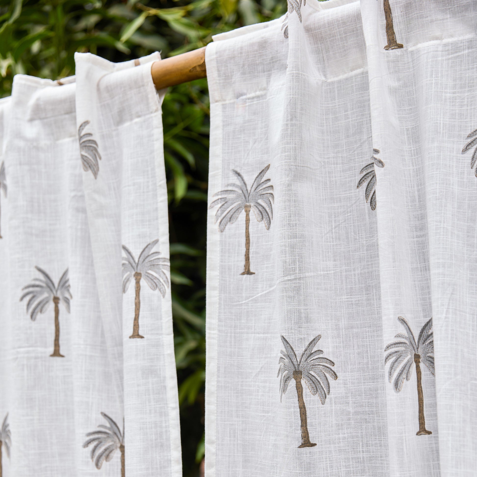 Grey Palm Blockprint Cotton Slub Curtain-Curtains-House of Ekam