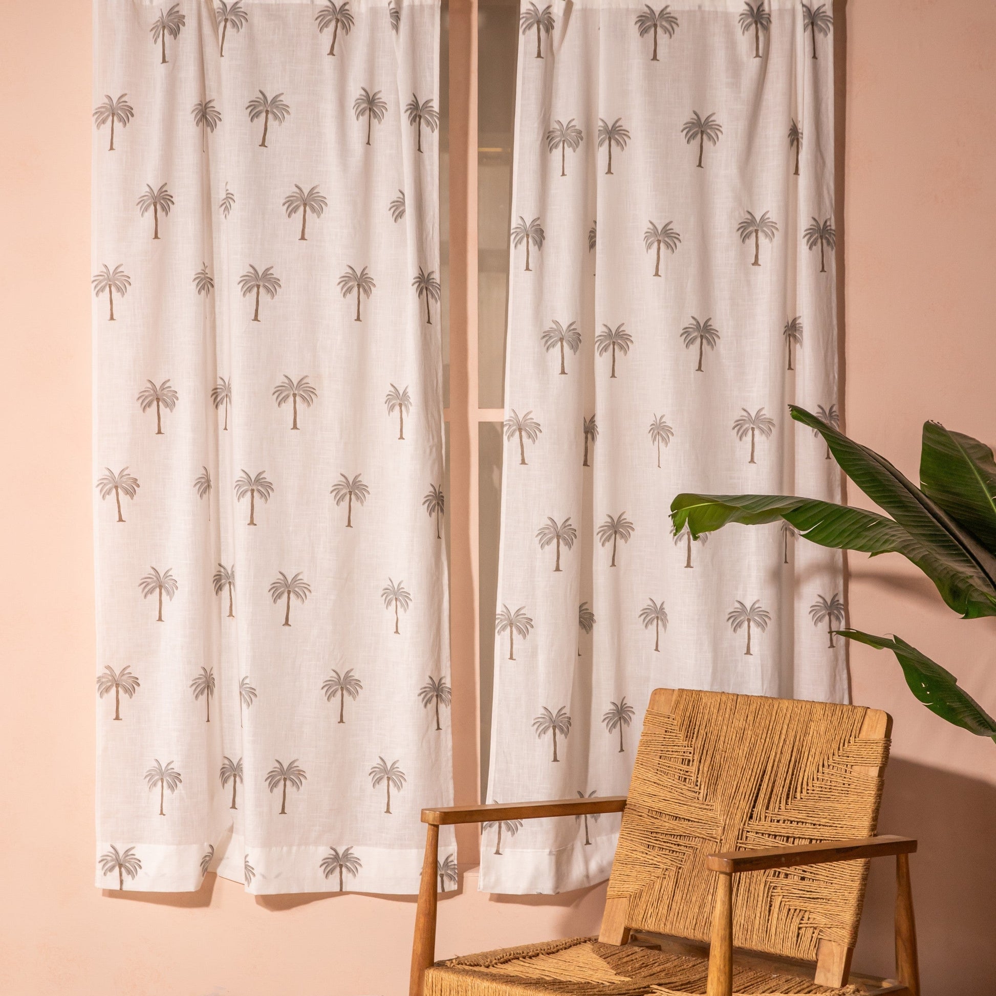 Grey Palm Blockprint Cotton Slub Curtain-Curtains-House of Ekam