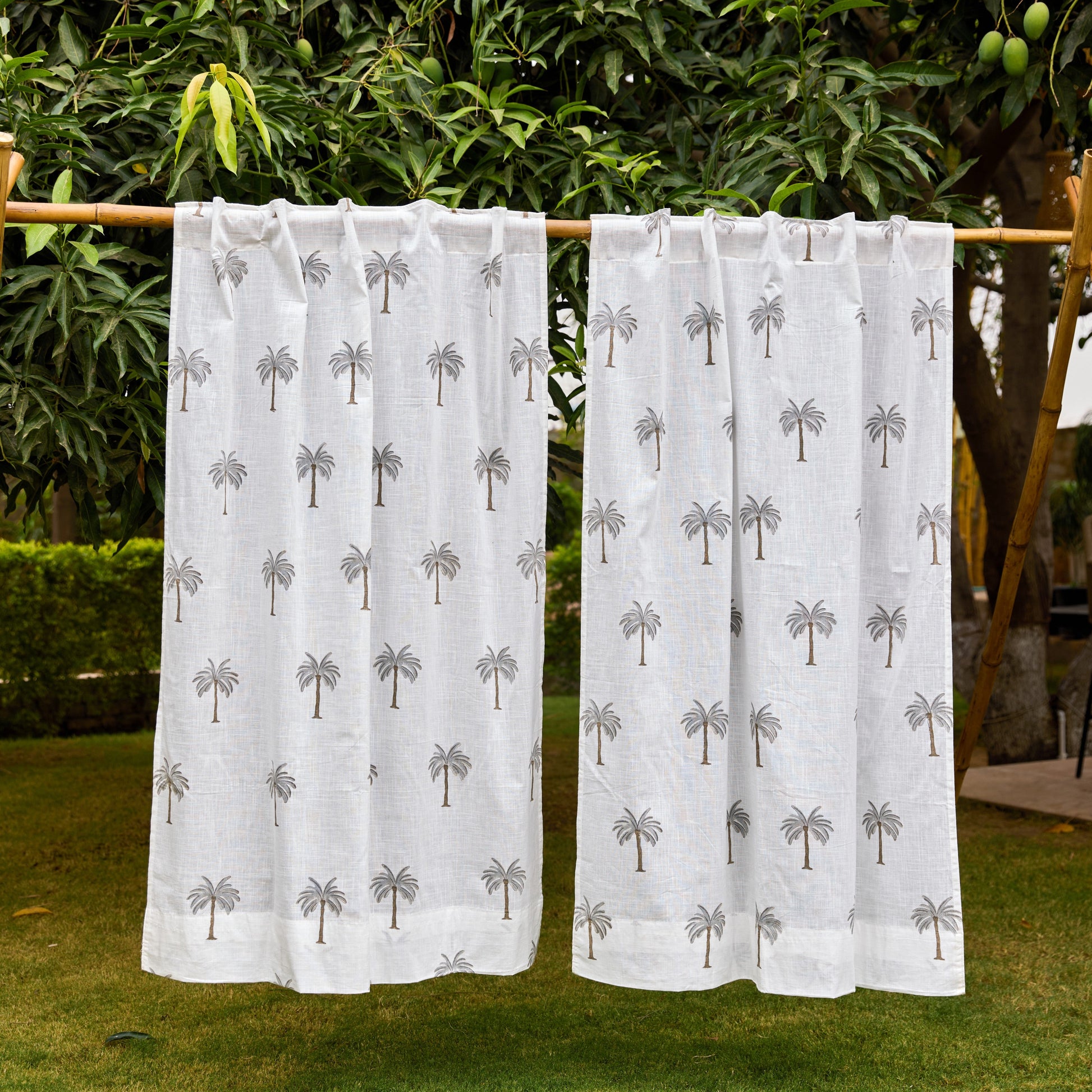 Grey Palm Blockprint Cotton Slub Curtain-Curtains-House of Ekam