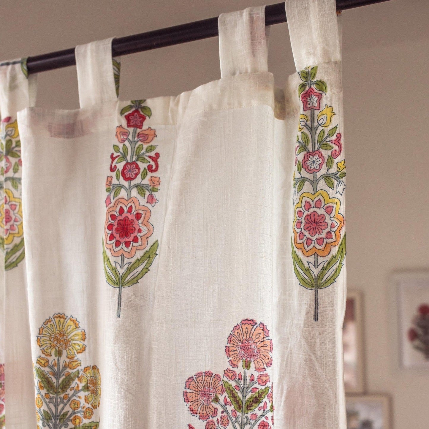Guldasta Cypress Poppy Blockprint Sheer Curtain-Curtains-House of Ekam