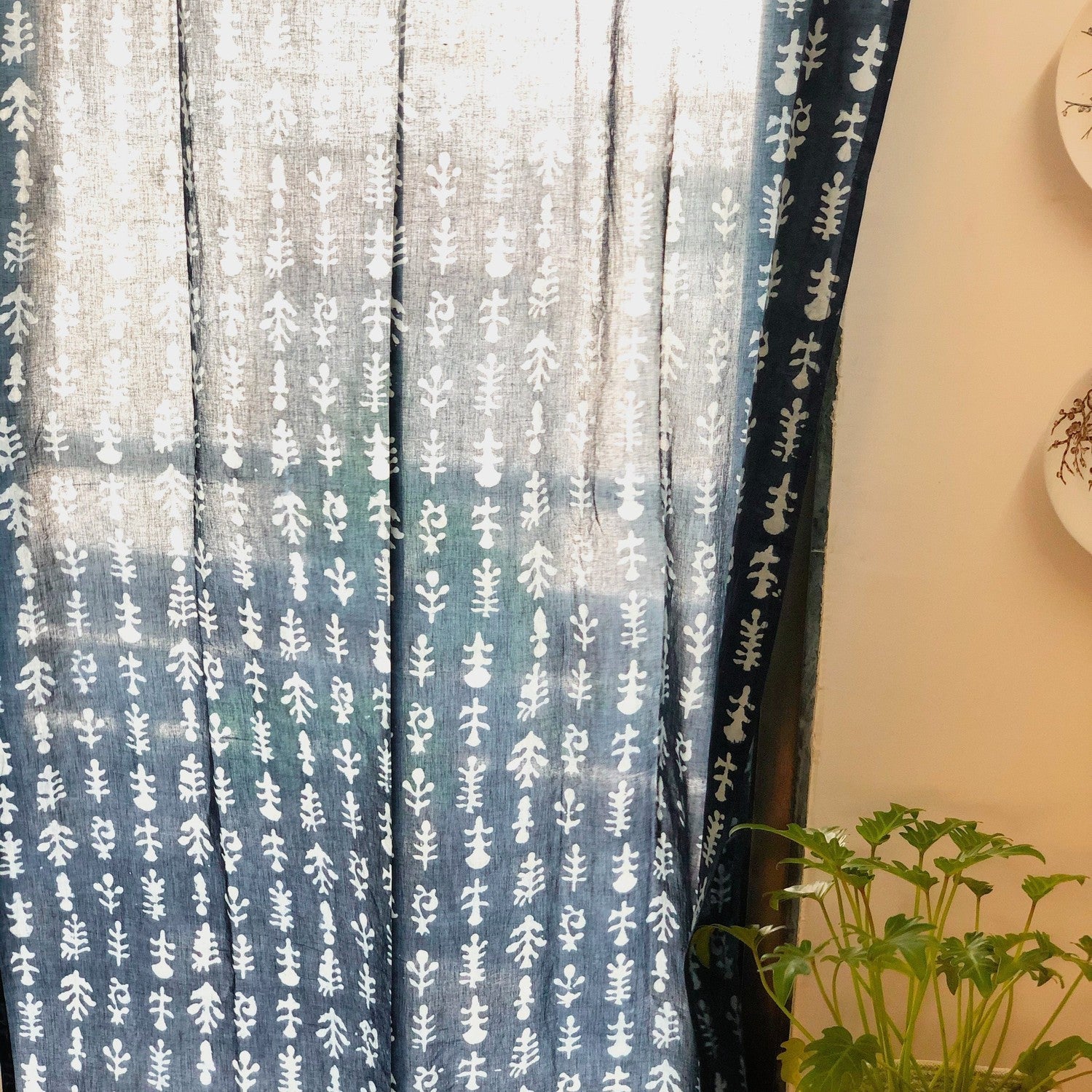 Indigo Floral Print Semi Sheer Curtain-Curtains-House of Ekam