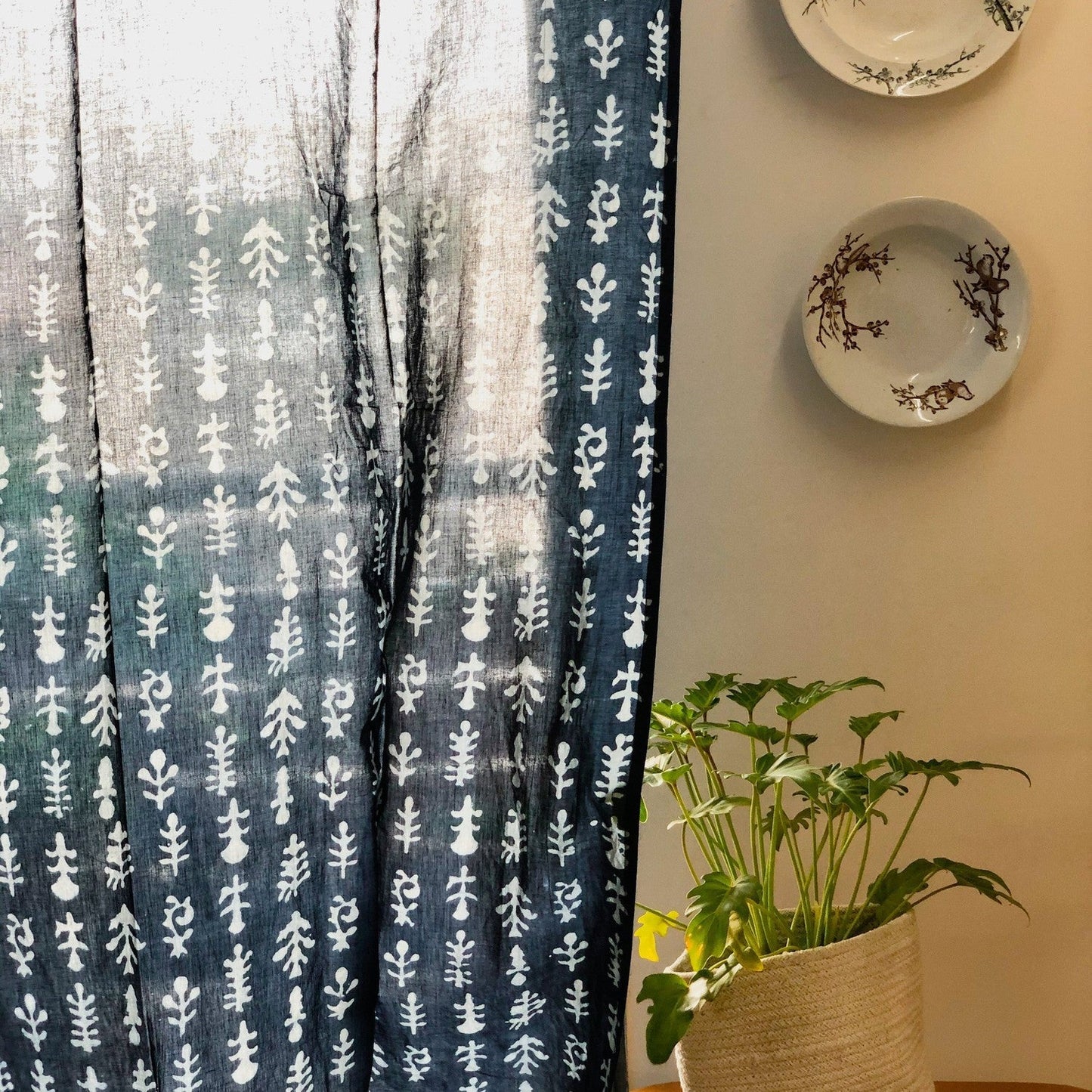 Indigo Floral Print Semi Sheer Curtain-Curtains-House of Ekam