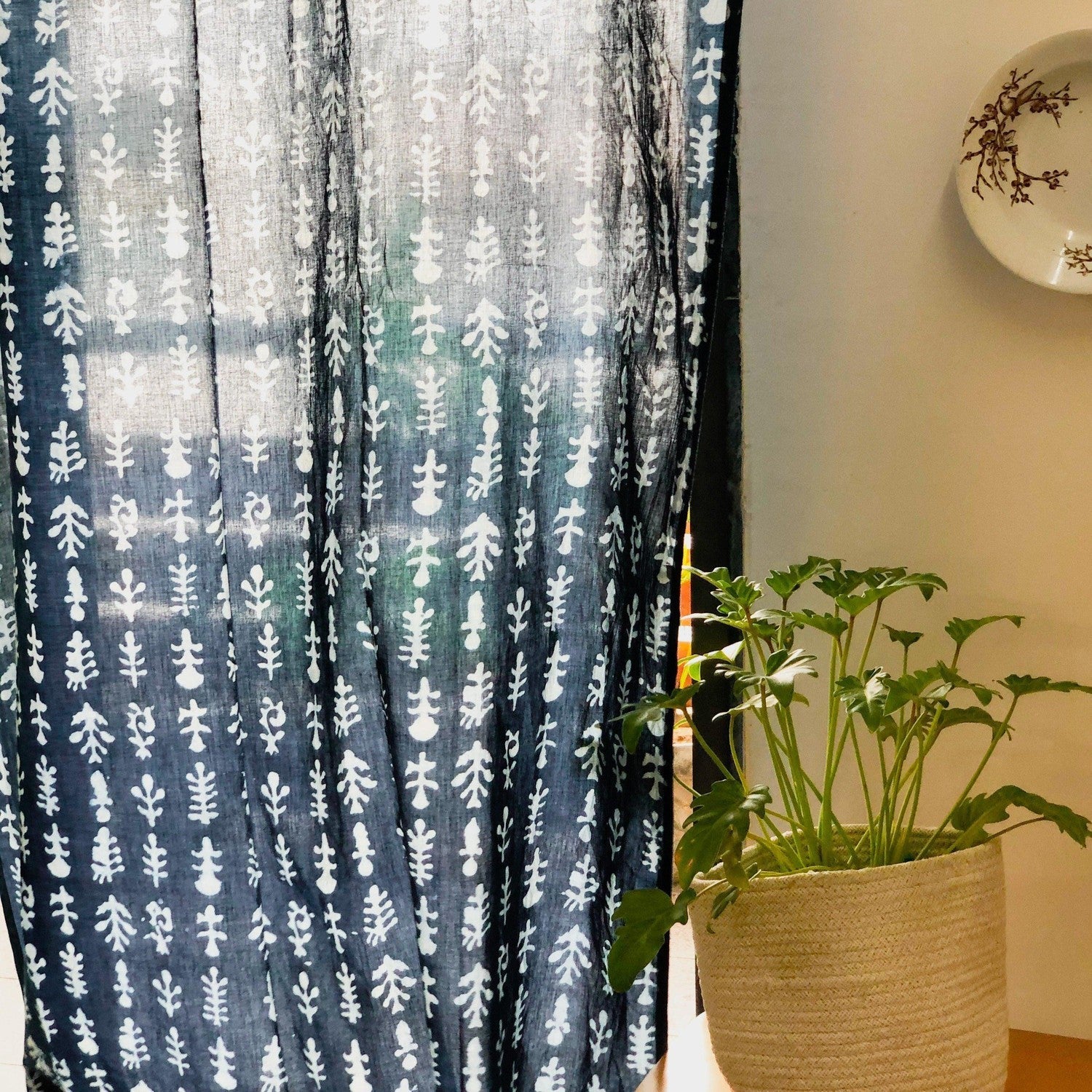 Indigo Floral Print Semi Sheer Curtain-Curtains-House of Ekam
