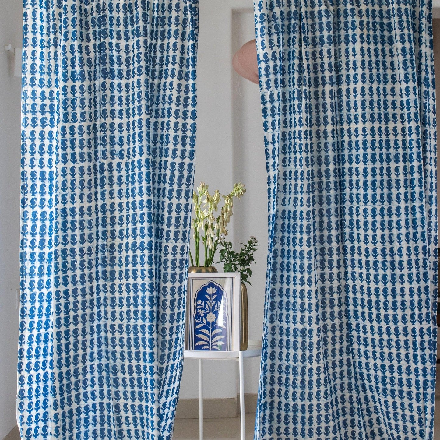 Indigo Paisley Print Semi Sheer Curtain-Curtains-House of Ekam