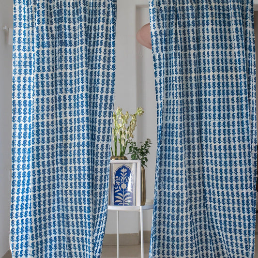 Indigo Paisley Print Semi Sheer Curtain-Curtains-House of Ekam