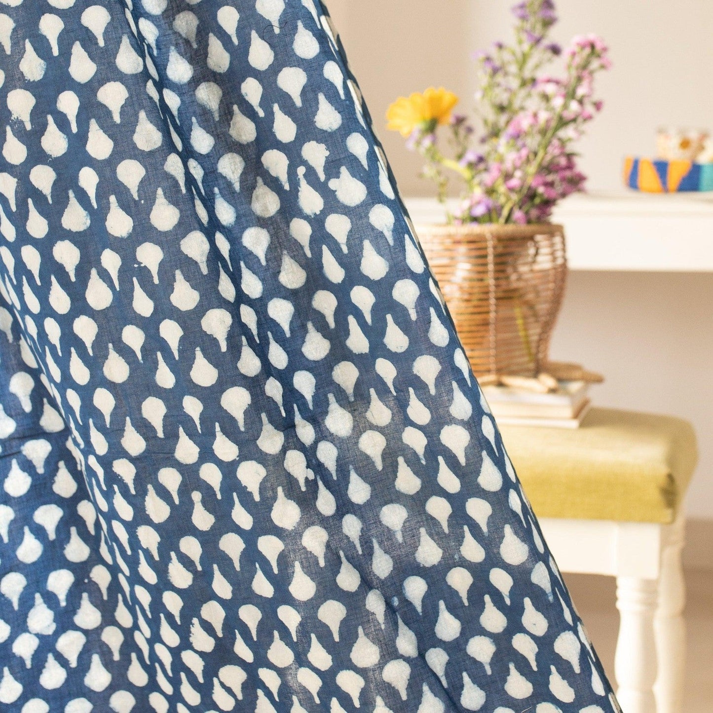 Indigo Tear Drop Semi Sheer Curtain-Curtains-House of Ekam