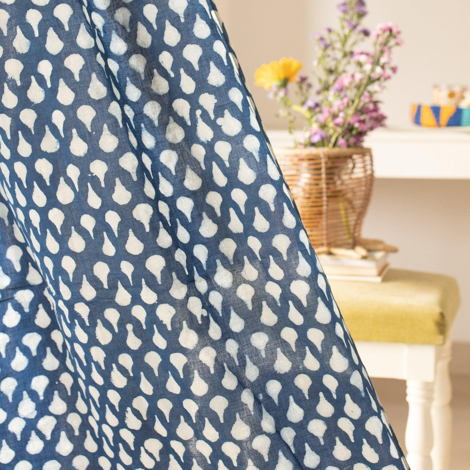 Indigo Tear Drop Semi Sheer Curtain-Curtains-House of Ekam