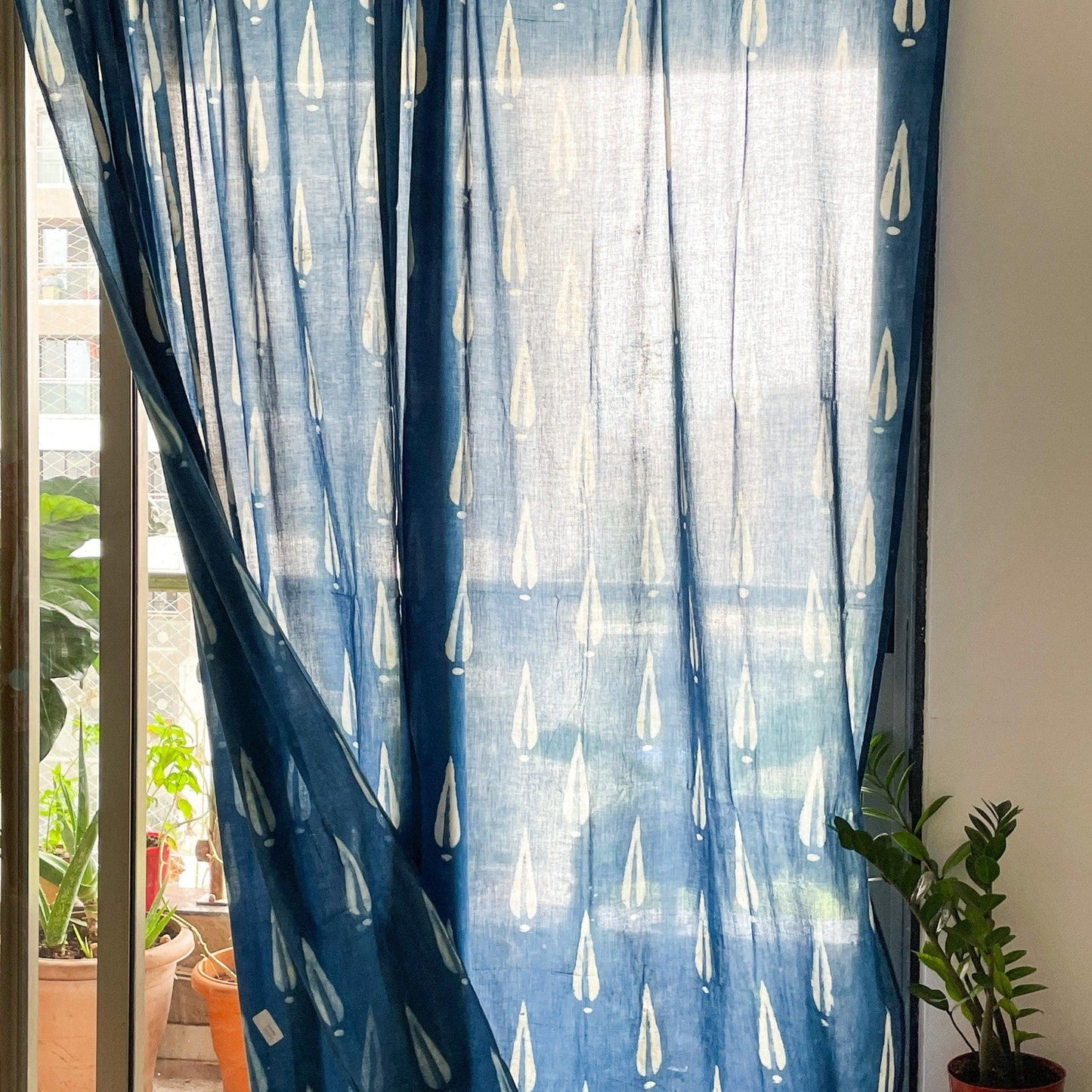 Indigo Tilak Print Semi Sheer Curtain-Curtains-House of Ekam