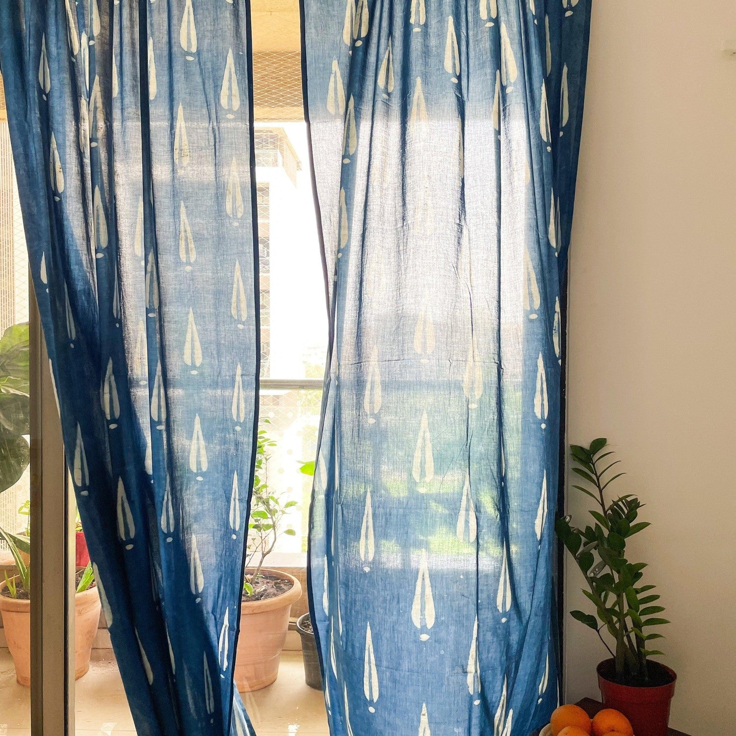 Indigo Tilak Print Semi Sheer Curtain-Curtains-House of Ekam