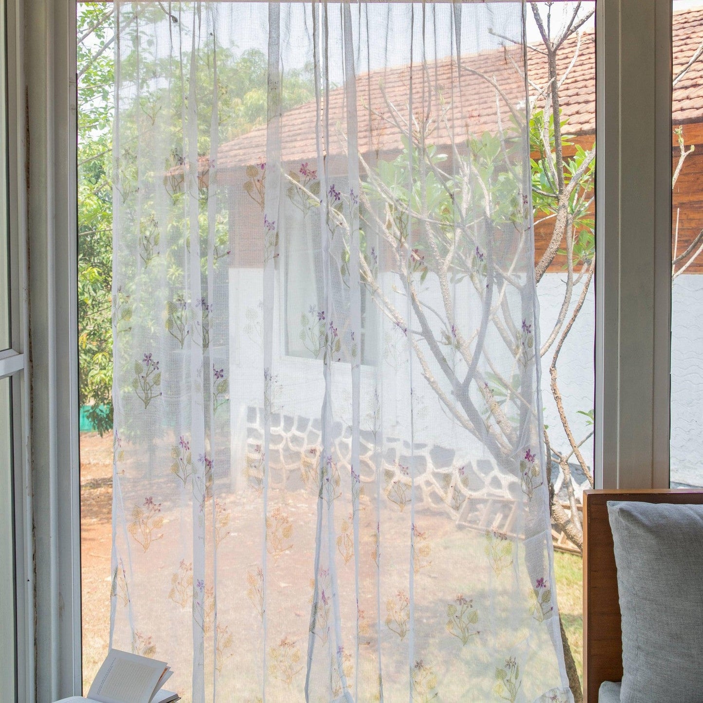 Kota Doria Lilac Blockprint Sheer Curtain-Curtains-House of Ekam
