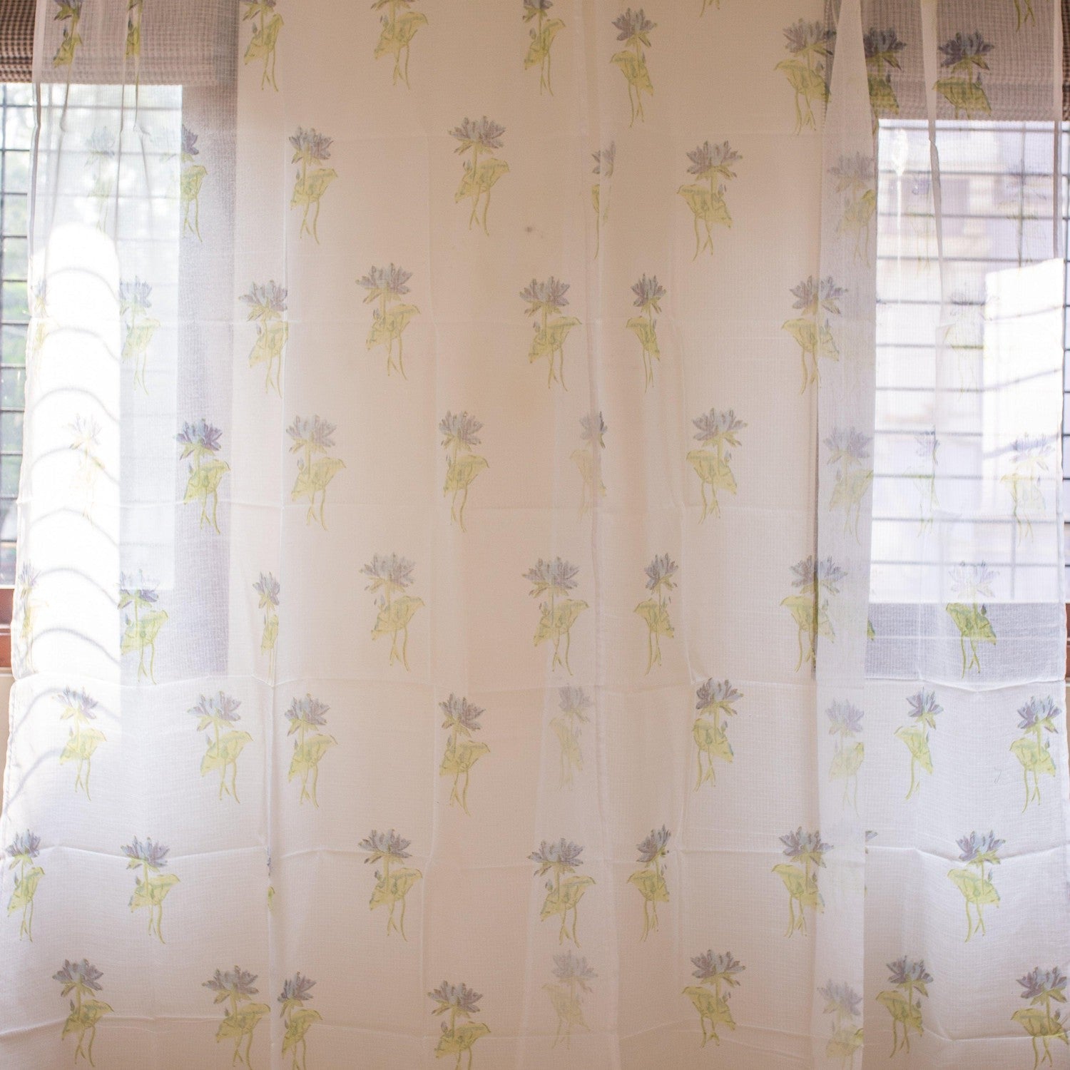 Kota Doria Lotus Blockprint Sheer Curtain-Curtains-House of Ekam