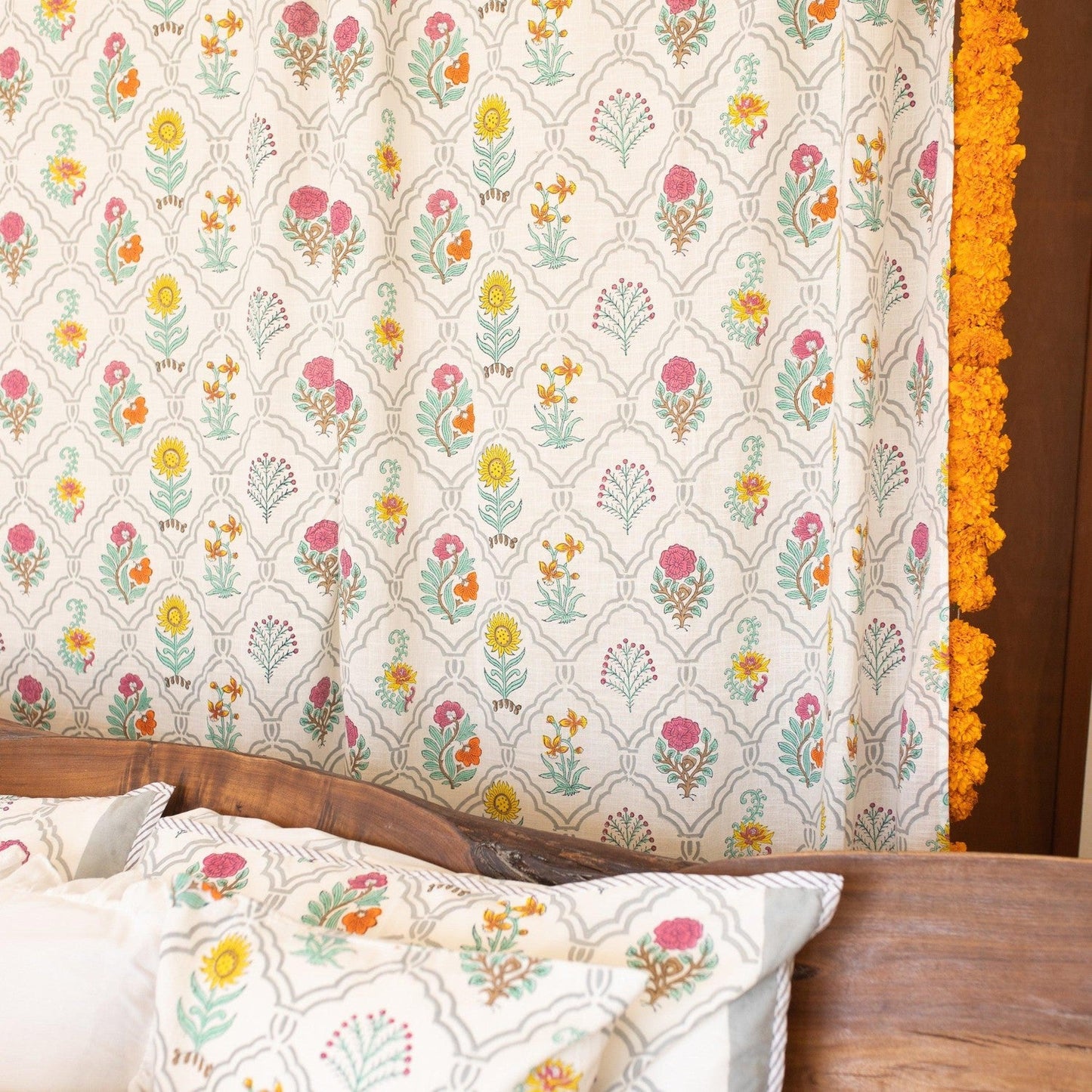 Mihrab Multi Buti Blockprint Cotton Slub Curtain-Curtains-House of Ekam