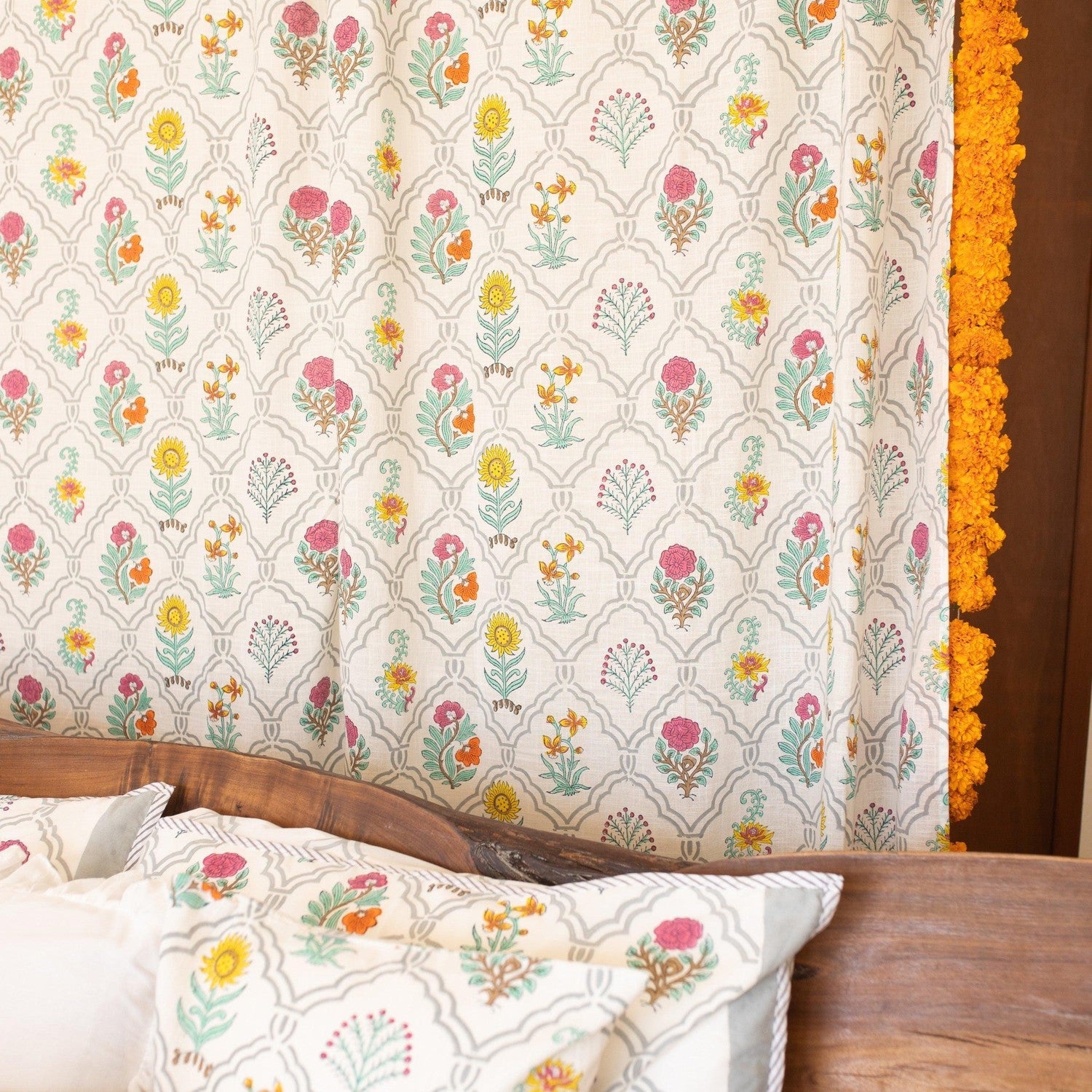 Mihrab Multi Buti Blockprint Cotton Slub Curtain-Curtains-House of Ekam