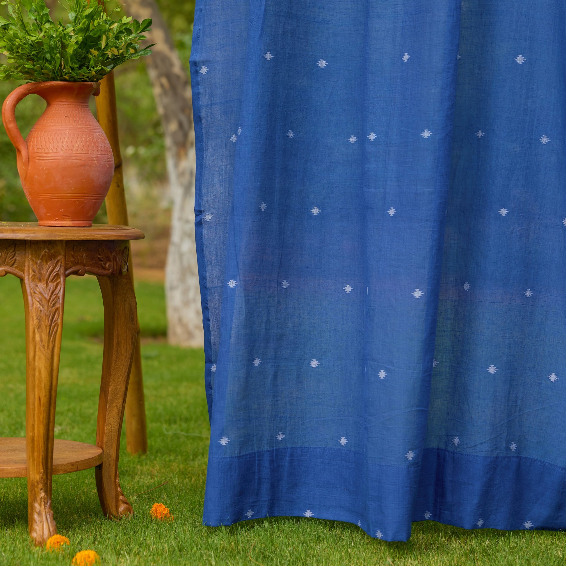 Neel Rong Jamdani Cotton Handloom Curtain-Curtains-House of Ekam