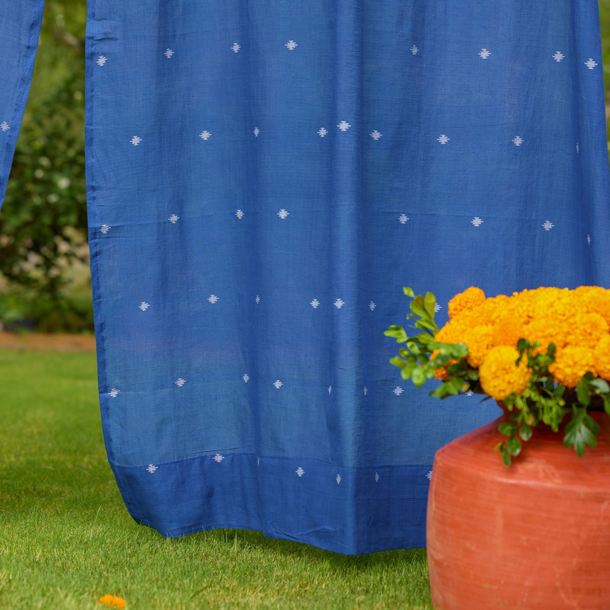 Neel Rong Jamdani Cotton Handloom Curtain-Curtains-House of Ekam