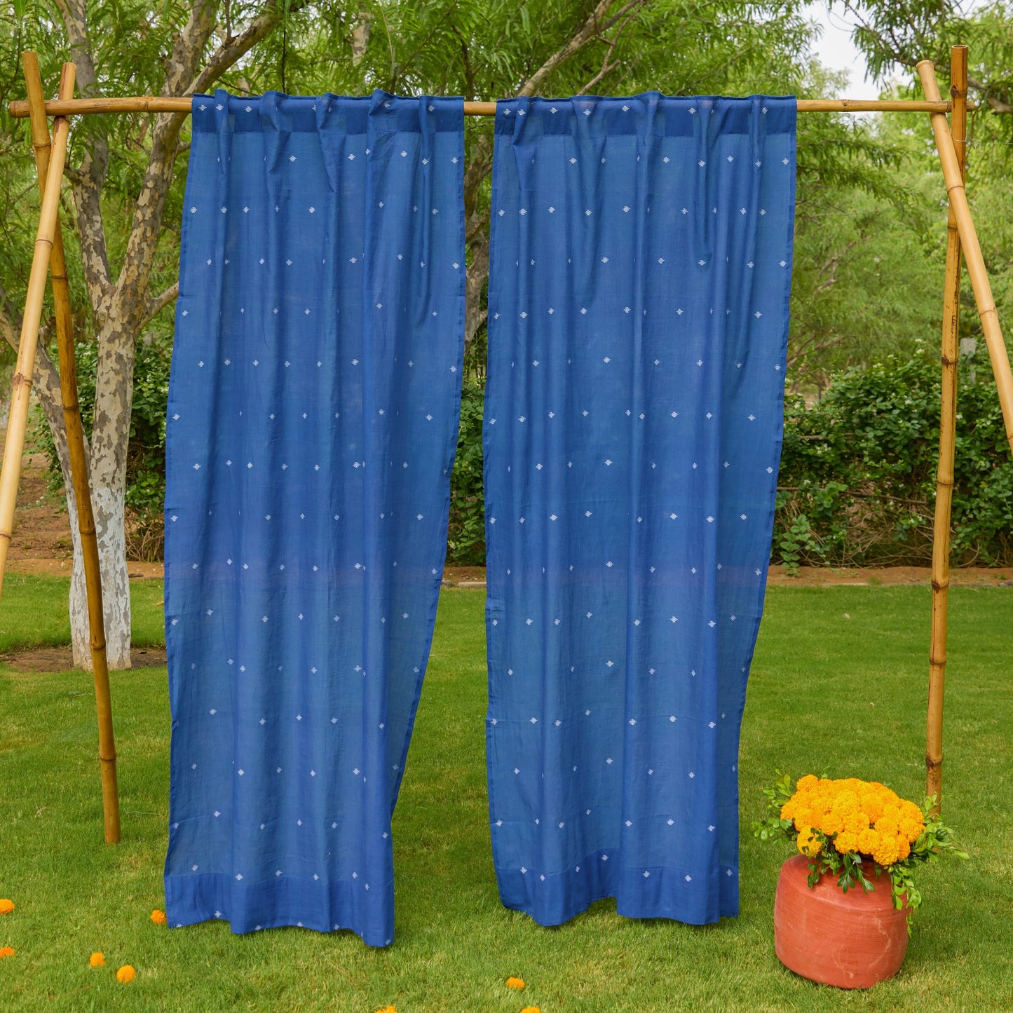 Neel Rong Jamdani Cotton Handloom Curtain-Curtains-House of Ekam