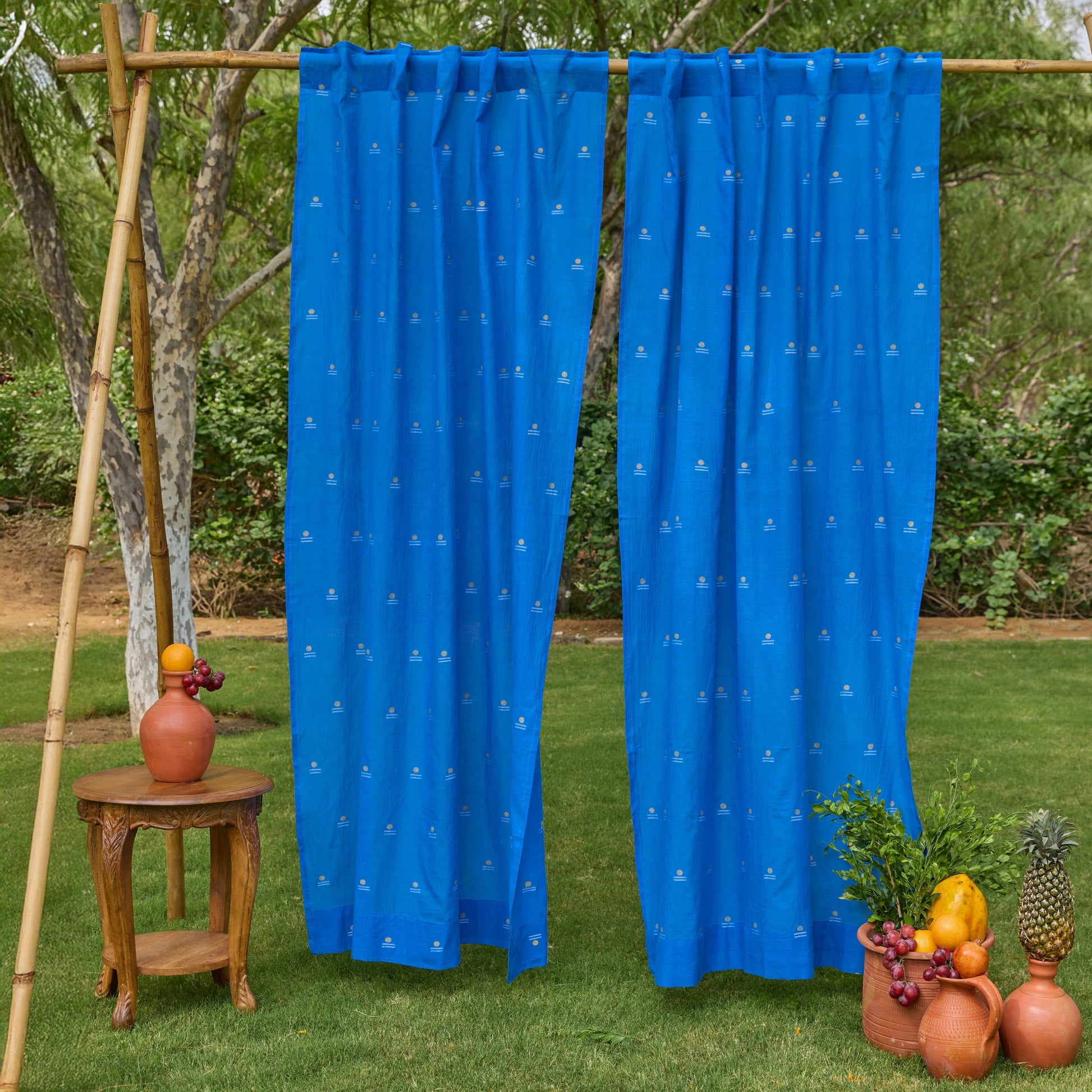 Neel Rong with Gold Jamdani Cotton Handloom Curtain-Curtains-House of Ekam